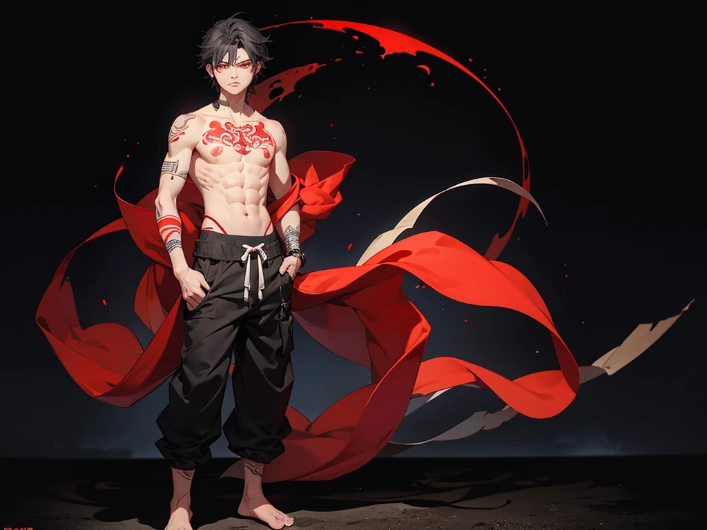 Boy, red eyes, black hair, tribal tattoo on arms, shirtless, loose pants, barefoot, hand in pocket, standing, serious face, full body, night background