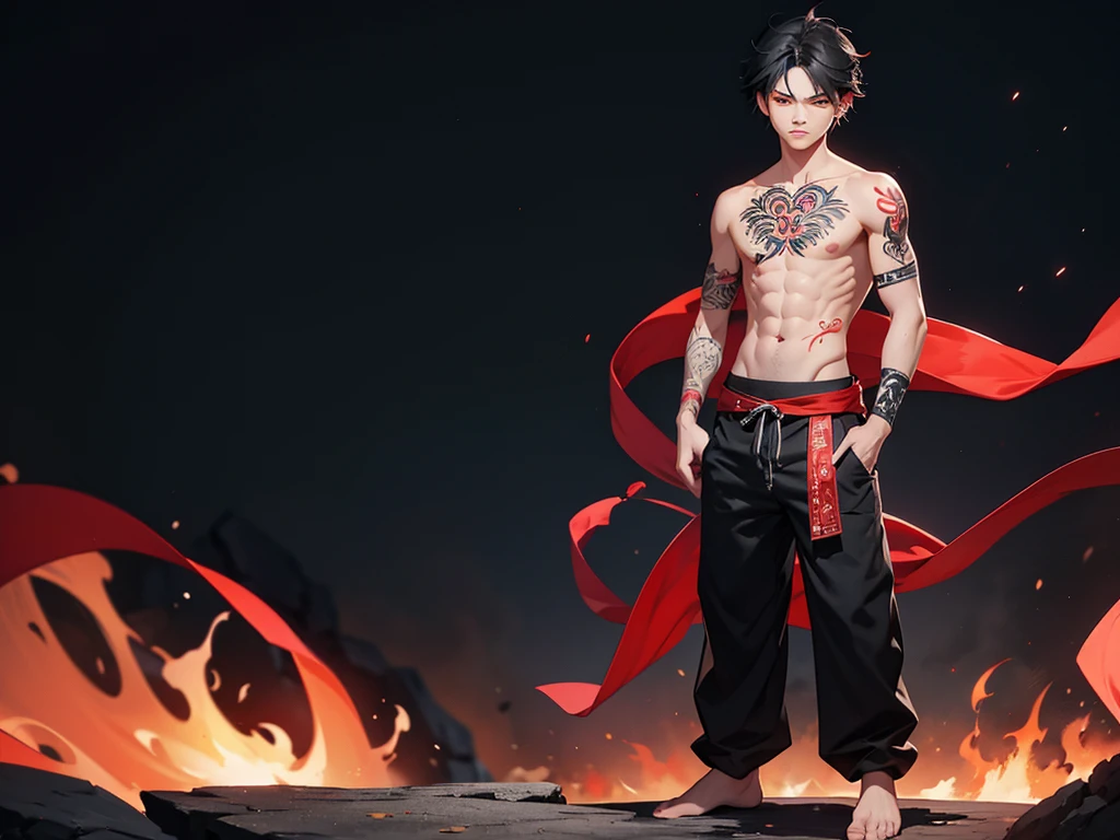 Boy, red eyes, black hair, tribal tattoo on arms, shirtless, loose pants, barefoot, hand in pocket, standing, serious face, full body, night background