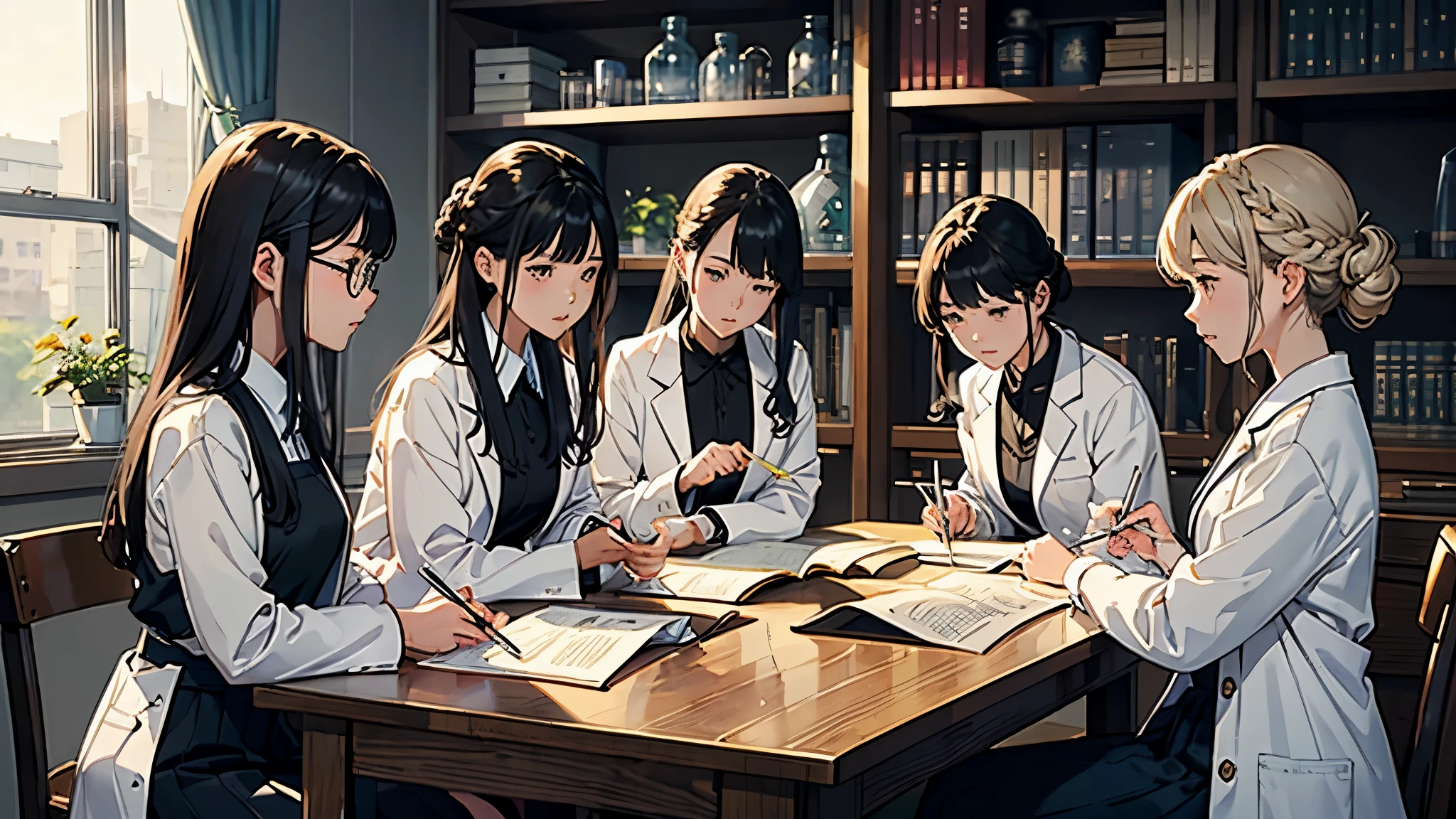 (highest quality、masterpiece、High resolution)、(Sargent-style watercolor)、(anime art)、soft light、((three women))、((The three are talking while looking at documents.))、、18-year-old、medium short hair、semi-long、hair up、black hair、dark brown hair、braided hair、glasses、detailed depiction of the face、small breasts、uniform、long skirt、((wearing a white coat))、白いブラウスとlong skirt、Institute of Earth Sciences、鉱物標Book、昆虫標Book、化石標Book、標Book棚、Book、Book棚、microscope、Laboratory instrument、Test tube、beaker、flask、Alcohol lamp、Labware、Floral、vase、window、Foliage plant、 blur the background、