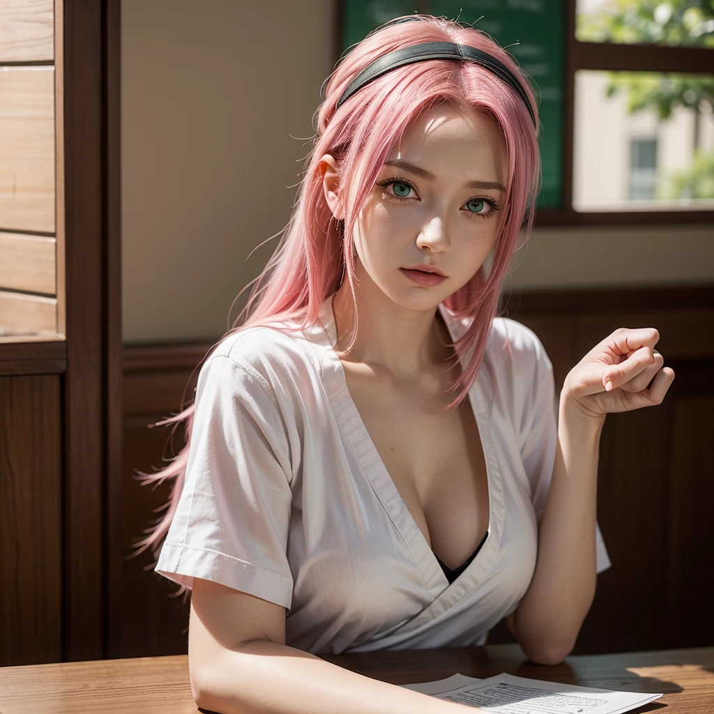 masterpiece, Amazingly realistic, highest quality,Sakura haruno,sitting at a table in school,Put your hands on the table,,close,upper body only,Front view ,pink hair,green eyes,Forehead mark,big breasts,Breast sagging,green eyes,red hair band,Forehead mark
