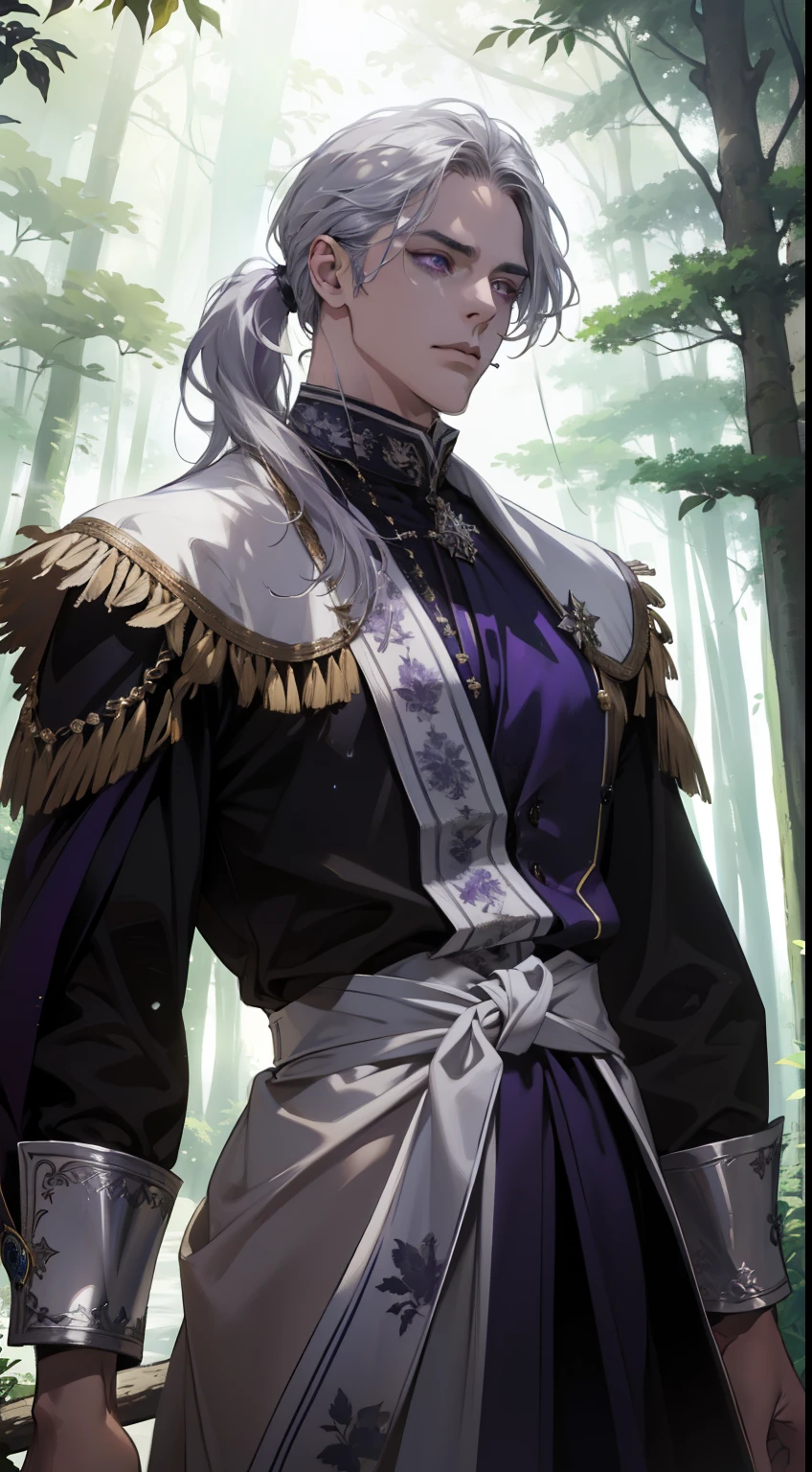 (absurdres, highres, ultra detailed)masterpiece, best quality, 1 male, adult, handsome, tall muscular guy, broad shoulders, finely detailed eyes, low ponytail silver hair, purple eyes, white robe, forest, trees full of greenery, fluttering leaves, pond, natural light and shadow, There are shiny particles flying around the man, fantastic, fairy tale, mysterious, shining sparkle, (dutch angle), closed mouth, dynamic light and shadow