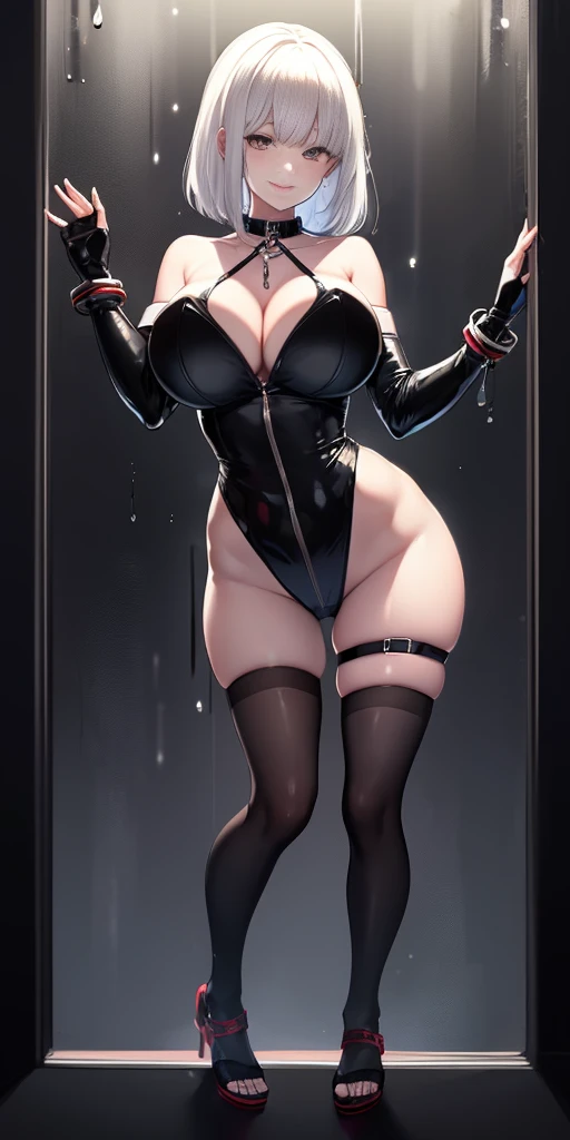 dark fantasy anime illustration of a (mature MILF BIMBO albino skin and short white hair), (FULL BODY) perfect face, wearing tight leather stealth armor, stalking, BIG KNOCKERS CLEAVAGE, lustful smirking smile red blush red cheeks, chain leash, kneeling, shackles, leather black collar slave, ((BLACK background)) hands on glass WITH KNOCKERS on glass, glass window fog water drop, 5 fingers each hand, metal handcuffs, black choker collar, thighhighs, long legs, metal ankle, metal sandals, metal shoulders, standing straight symmetrical against glass