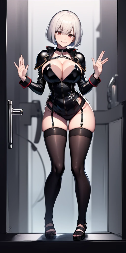 dark fantasy anime illustration of a (mature MILF BIMBO albino skin and short white hair), (FULL BODY) perfect face, wearing tight leather stealth armor, stalking, BIG KNOCKERS CLEAVAGE, lustful smirking smile red blush red cheeks, chain leash, kneeling, shackles, leather black collar slave, ((BLACK background)) hands on glass WITH KNOCKERS on glass, glass window fog water drop, 5 fingers each hand, metal handcuffs, black choker collar, thighhighs, long legs, metal ankle, metal sandals, metal shoulders, standing straight symmetrical against glass