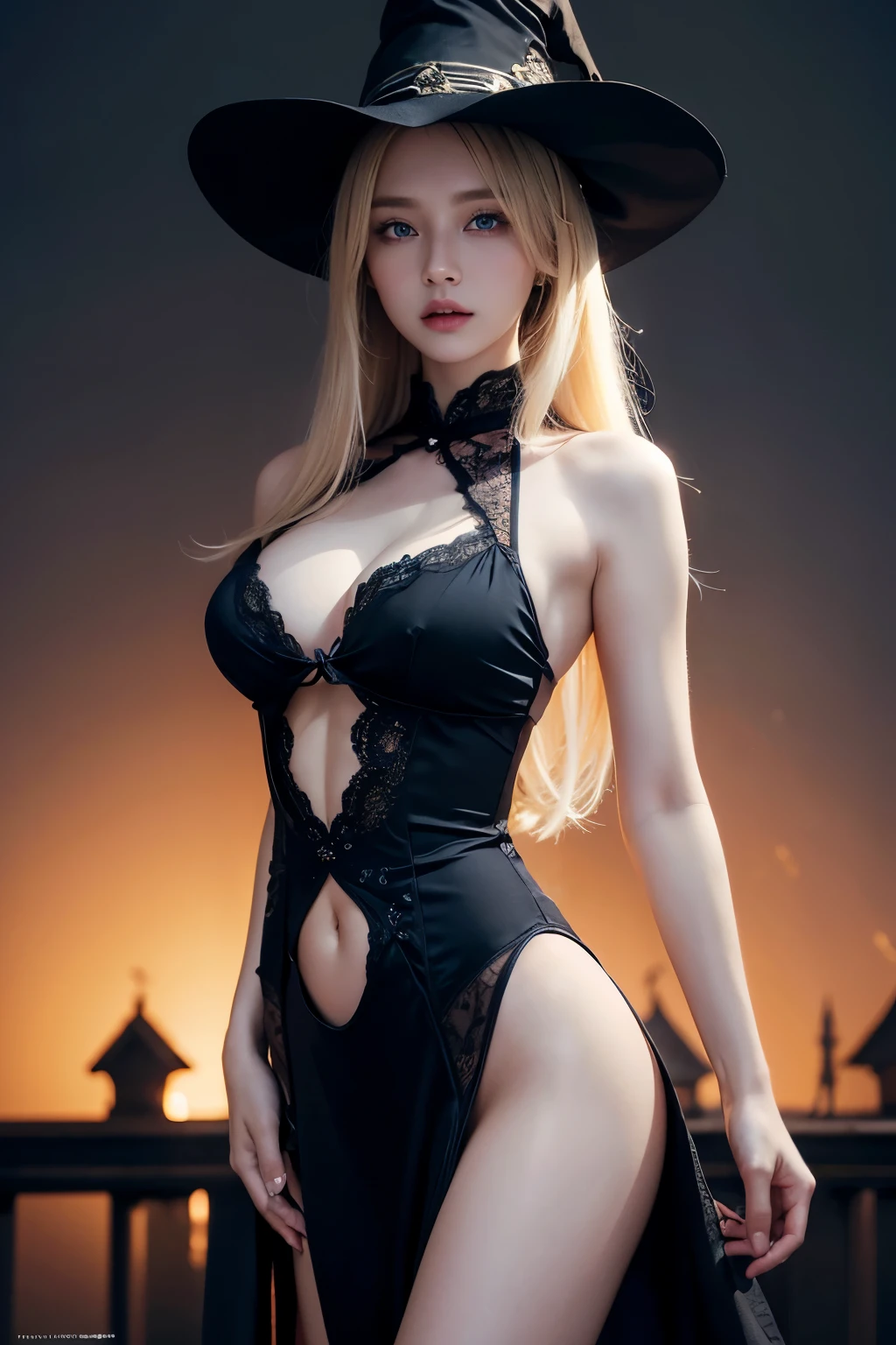 photorealistic, high resolution, soft light, 1women (charming Russian model Nata Lee), light blonde hair, solo, hips up, blue eyes, shining skin, (detailed face), Chinese female witch custome, sleeveless, black lace, A very sexy witchcustome, The background is at halloween background , spooky, halloween
