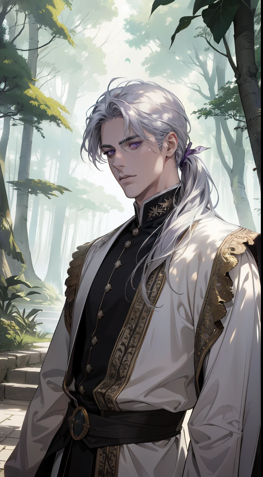 (absurdres, highres, ultra detailed)masterpiece, best quality, 1 male, adult, handsome, tall muscular guy, broad shoulders, finely detailed eyes, low ponytail silver hair, purple eyes, white robe, forest, trees full of greenery, fluttering leaves, pond, natural light and shadow, There are shiny particles flying around the man, fantastic, fairy tale, mysterious, shining sparkle, (dutch angle), closed mouth, dynamic light and shadow