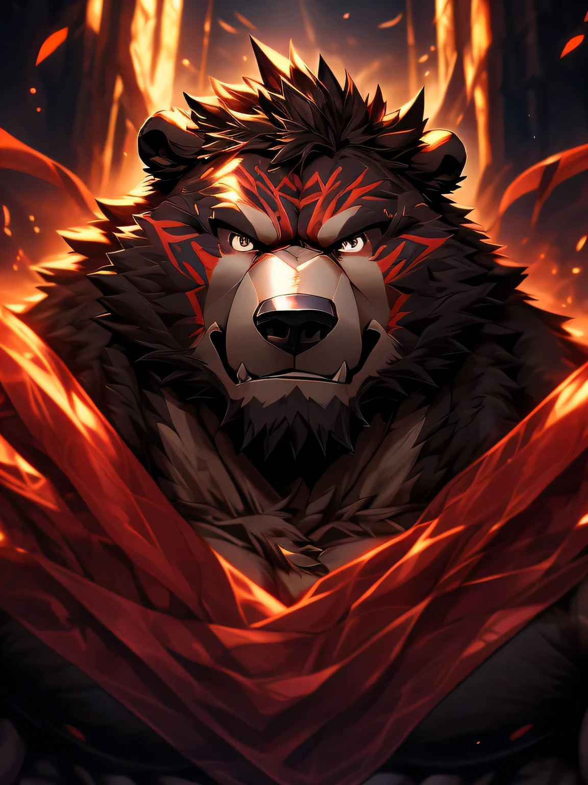 (super detailed,actual,high resolution), Darksiders style, (Dark and mysterious atmosphere:dramatic lighting:1.1), (sharp focus:1.2), (bright colors:1.1), (Detailed muscles:1.1), (intense expression), (Strong bear),(Devil Bear),(full-body shot),(Naked upper body),(black eyes),(Evil smile),(muscular physique), (sinister aura), (Elegant and seductive posture), (black fur), (sharp gaze:Enchanting), (Muscular limbs), (majestic presence), (grin), (Red is faintly visible on the fur), (Sinuous Movement), (Dynamic and captivating composition), (Impressive attention to detail), (Subtle highlights and shadows:Carefully rendered), (unforgettably beautiful), (Majestic and powerful), (Radiate a feeling of awe and fear), (A sinister and fascinating presence), (Carefully crafted), (Complex texture)