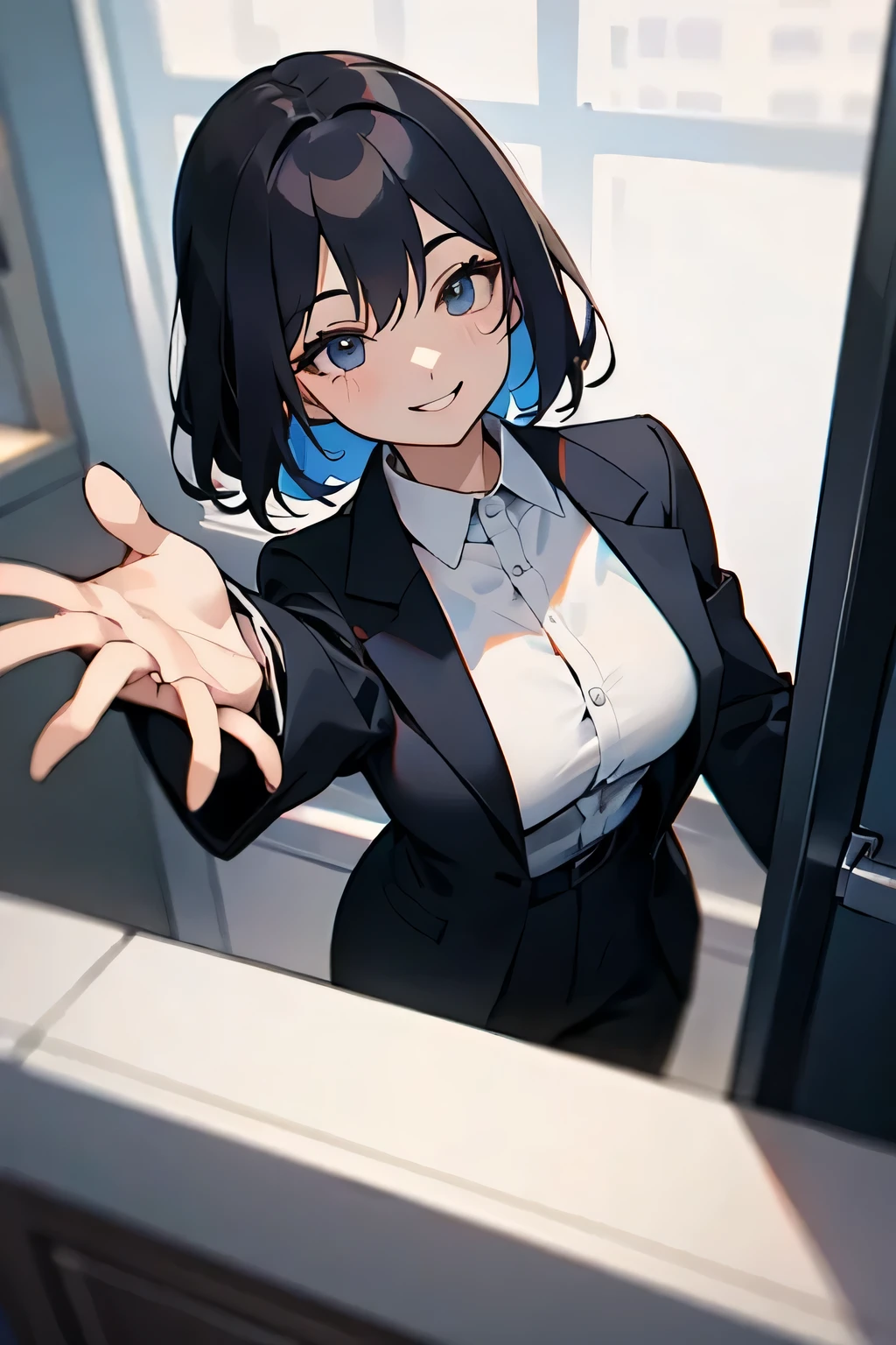 Anime girl in a suit and tie standing in a window - SeaArt AI