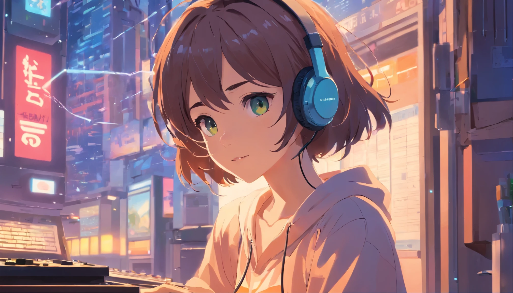 Girl listening to music with a headset,ela usa roupas americanas, chuva na janela. wallpaper