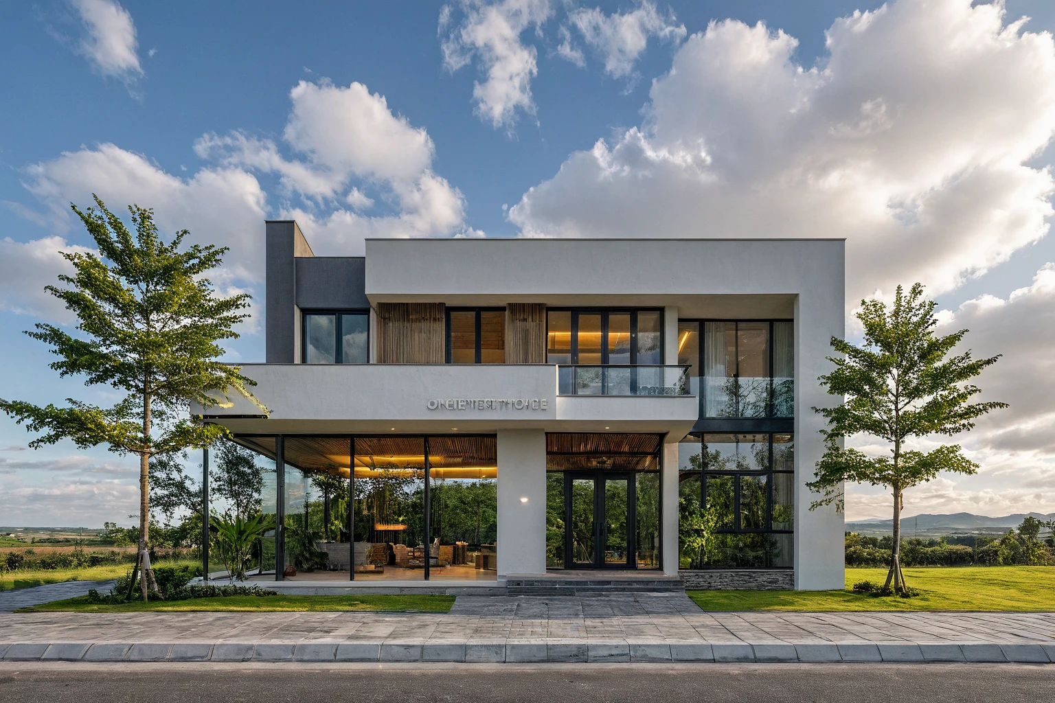 Masterpiece, high quality, best quality, authentic, super detail, outdoors, onestoreyvillaXL, aiaigroup, house style modern on the street ,stairs, white wall ,road,pavement, grass, trees, sky, cloud, (daylight:1.1)