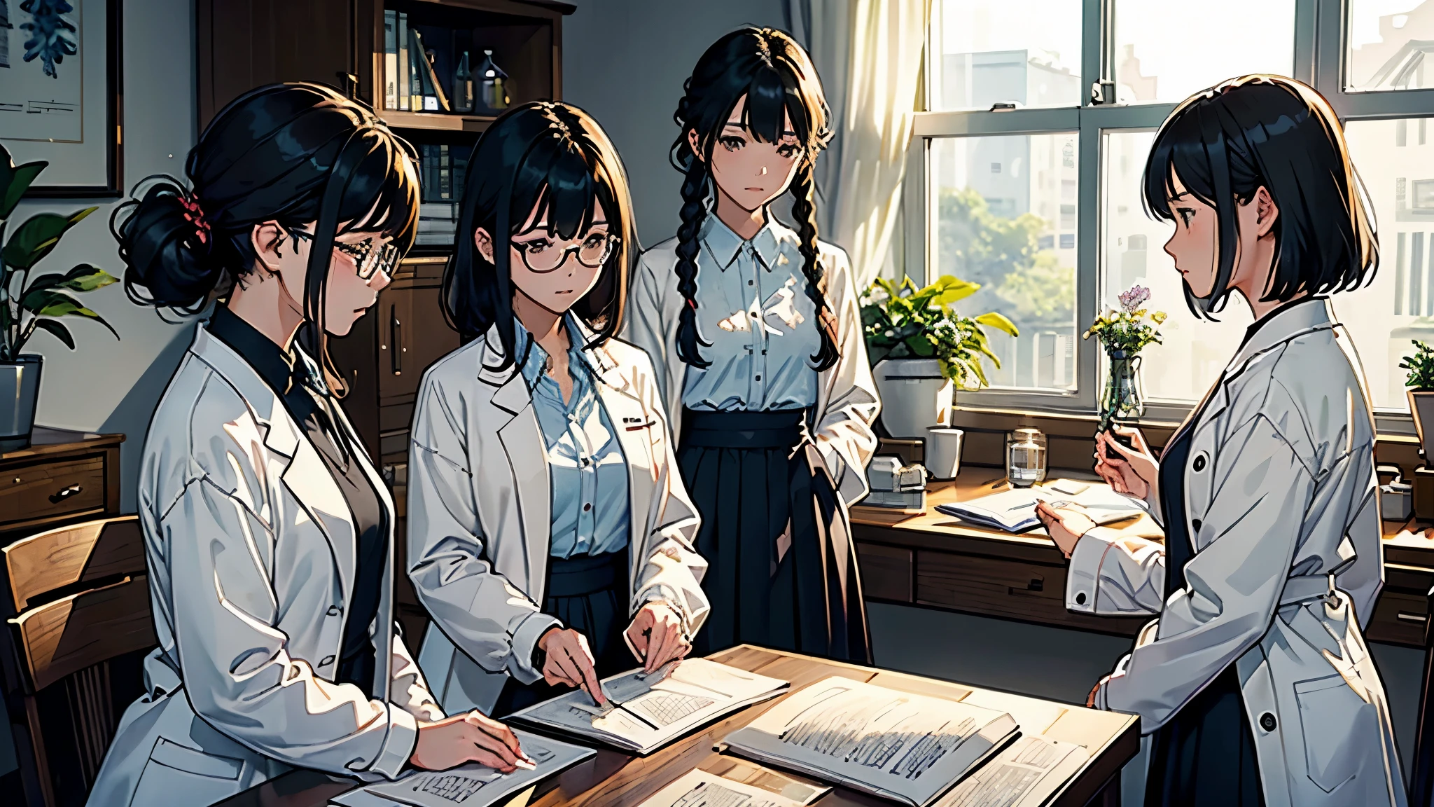 (highest quality、masterpiece、High resolution)、(Sargent-style watercolor)、(anime art)、soft light、((three women))、((The three are talking while looking at documents.))、17 years old、18-year-old、medium short hair、semi-long、hair up、black hair、dark brown hair、braided hair、glasses、detailed depiction of the face、small breasts、uniform、long skirt、((wearing a white coat))、白いブラウスとlong skirt、Institute of Earth Sciences、鉱物標Book、昆虫標Book、化石標Book、標Book棚、Book、Book棚、microscope、Laboratory instrument、Test tube、beaker、flask、Alcohol lamp、Labware、Floral、vase、window、Foliage plant、 blur the background、