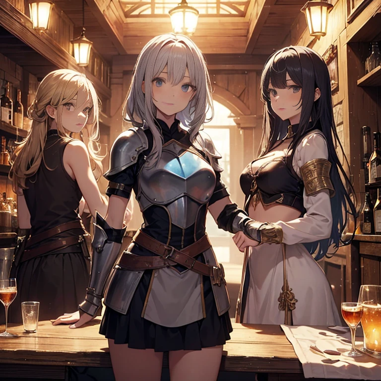 A group of  female medieval fantasy adventurers, (in tavern), various hair styles, harem, night, details face, short skirt, seducing, sleeveless, armor 