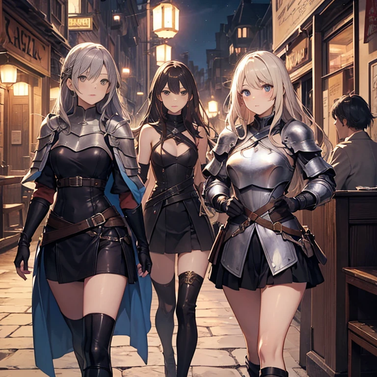 A group of  female medieval fantasy adventurers, (in tavern), various hair styles, harem, night, details face, short skirt, seducing, sleeveless, armor 