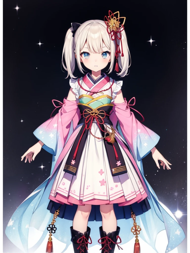 1girl、vtuber-fullbody、Star Fairy、masterpiece、official art、Super detailed、super beautiful、かわいいStar Fairy、white straight short hair、Milky Way、universe、star charm、Star、*********、Knee-high boots、Japanese pattern dress、A beautiful girl wearing black and white clothes that are a remake of a yukata.、universeを思わせるOiranフリルドレス、Oiran