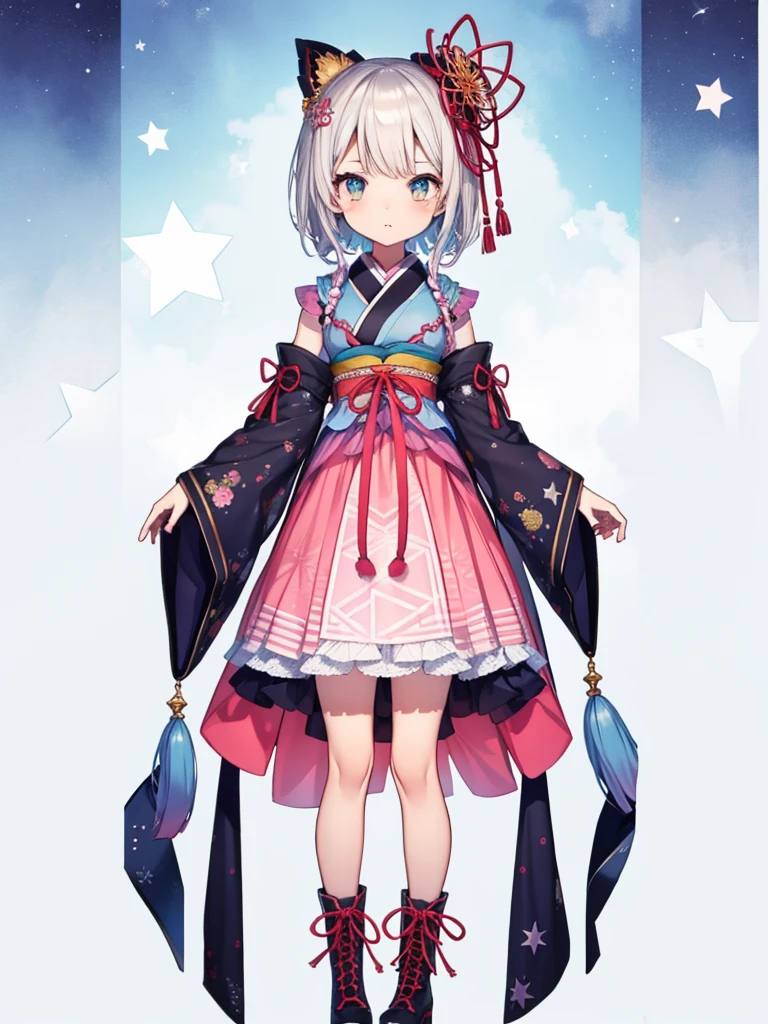 1girl、vtuber-fullbody、Star Fairy、masterpiece、official art、Super detailed、super beautiful、かわいいStar Fairy、white straight short hair、Milky Way、universe、star charm、Star、baby face、Knee-high boots、Japanese pattern dress、A beautiful girl wearing black and white clothes that are a remake of a yukata.、universeを思わせるOiranフリルドレス、Oiran