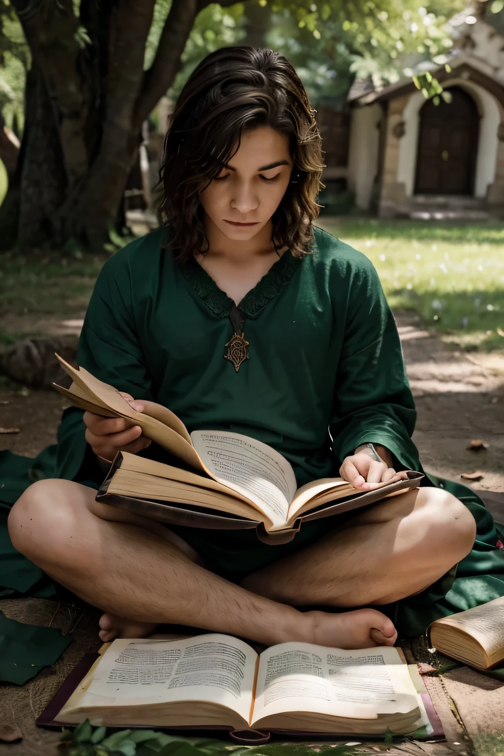 [La imagen muestra al chico rubio de pelo largo, dressed in Slytherin robes from Harry Potter, sitting under a tree with several scrolls scattered around him. The boy is reading a scroll and taking notes, with a serene and concentrated expression on his face. El ambiente es tranquilo y relajado, with lush green leaves falling on it.]