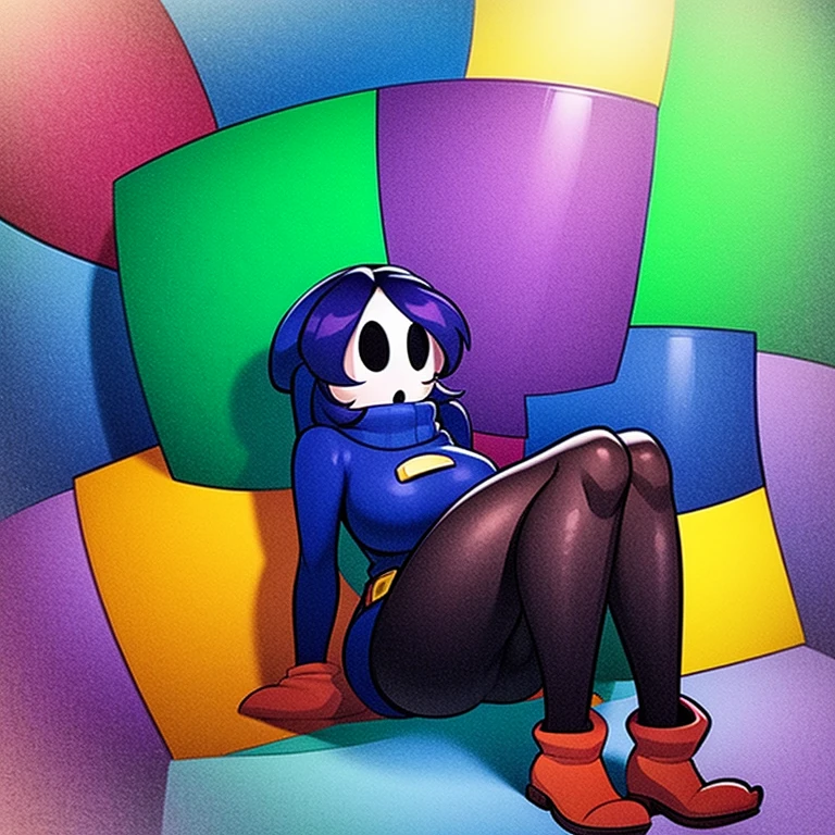 shygal, sexy, tall, large breasts, curvy, slim, long hair, full body, vibrant colors, color theory, mario background, stockings, boots, keyhole sweater, belts,