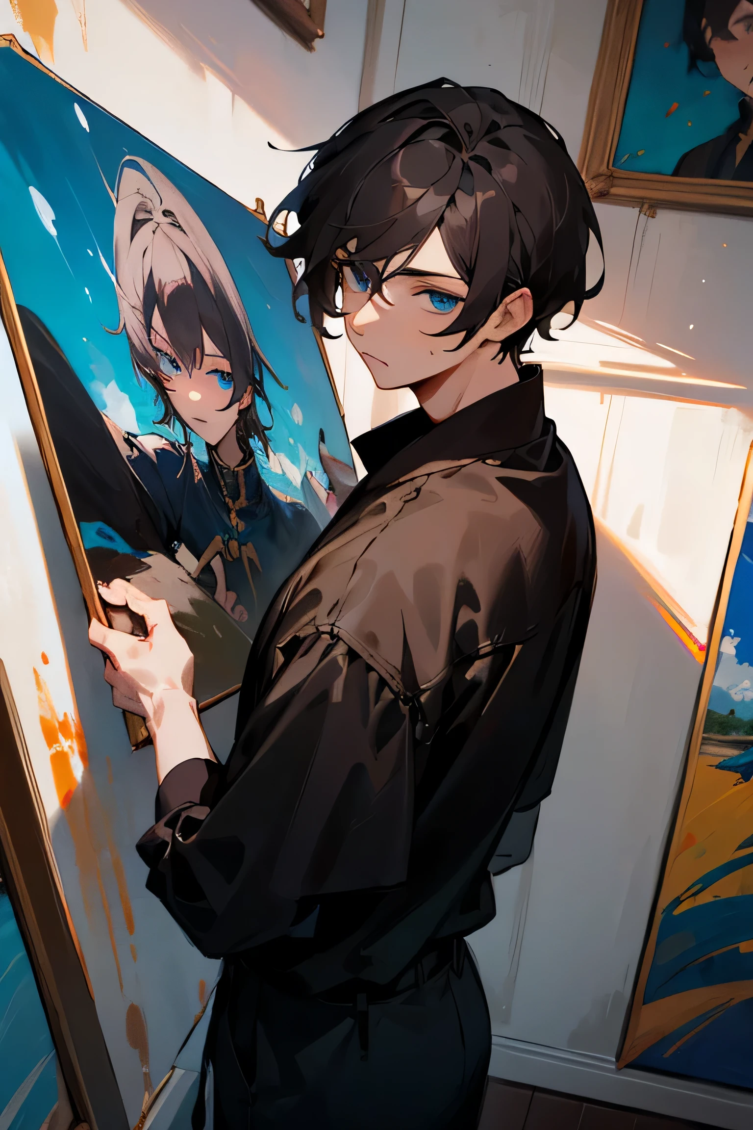 Male, Dark hair, blue eyes, painting on Canvas, Dark clothes