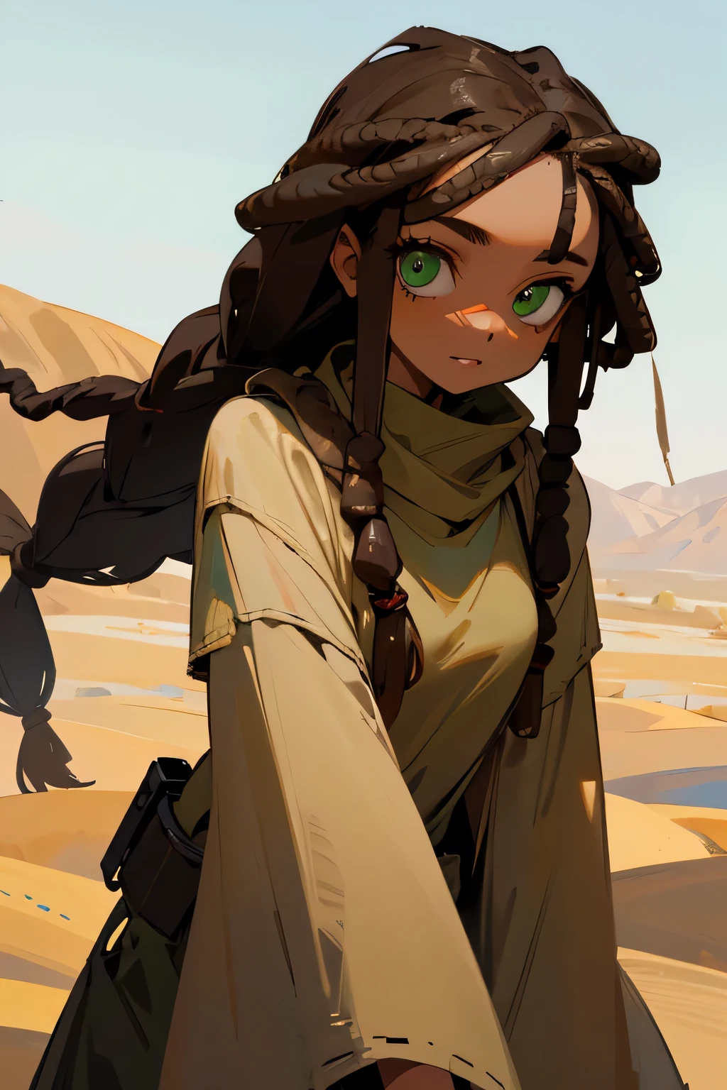 (best quality, master part, Melhor_qualidade, circunstanciado:1.5), Tigray Female Fighter (Ethiopia): Adorned in threadbare civilian clothes or military-style uniforms, wearing used scarf, patch of the Tigray People's Liberation Front, with black hair in a braided style and piercing green eyes in an epic Ethiopian landscape