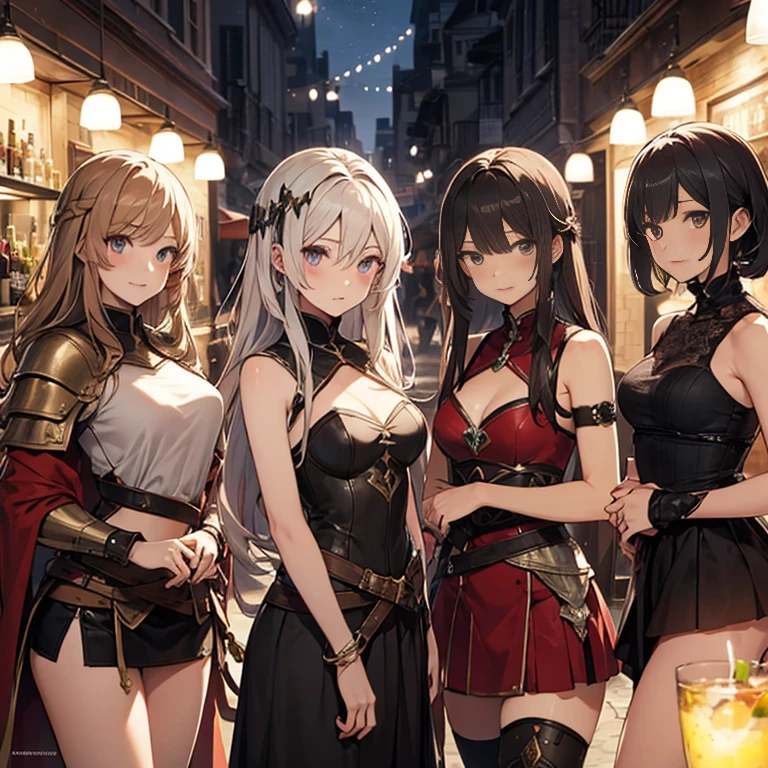 A group of female medieval fantasy adventurers, (in bar), various hair styles, harem, night, details face, short skirt, seducing, sleeveless, armor