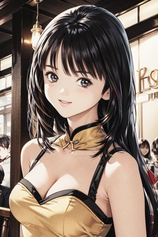 (8K、top-quality、masterpiece:1.2)、(realisitic、ultra-detailliert、超A high resolution、1 girl,beautifull detailed face,((layered hair,long black hair)),daytime,a smile、Constriction、(Slim waist) :1.3)、cleavage、Beautiful detailed skin、Skin Texture、Floating hair、Professional Lighting、in china town,crowd looked,(Whole human body:1.0),long shot,china dress,gold decoration dress,