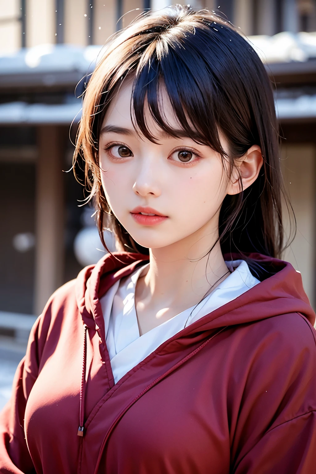 (1 nogizaka girl,raw photo,photo realistic:1.5),(best quality, high quality,HDR, highest quality,ultra high resolution,high resolution,high res,ultra high difinition,huge file size,8K,2K wallpaper,8K wallpaper,high quality texture,amazing,an extremely delicate:1.4),one girl, Japanese famous idol,beautiful face,small face,absurd,ridiculous,incredibly ridiculous,portrait,breasts close up,blurry background,(hoodie,no makeup:1.2),medium skin,beautiful skin,detailed skin,small head,black hair,silky hair,(Japanese eyes:1.3),detailed eyes,black eyes,Japanese idol eyes,Japanese nose,5-fingers,(eyebrow:-0.5),(Light Particles, Lens Flare, Luminous Particles: 0.7),looking at viewer,bright lighting,professional lighting,girl