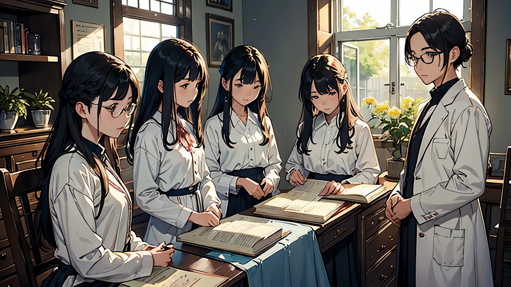 (highest quality、masterpiece、High resolution)、(Sargent-style watercolor)、(anime art)、soft light、((1 woman))、((looking at documents))、、18-year-old、medium short hair、semi-long、hair up、black hair、dark brown hair、braided hair、glasses、detailed depiction of the face、small breasts、uniform、long skirt、((wearing a white coat))、白いブラウスとlong skirt、Institute of Earth Sciences、鉱物標Book、昆虫標Book、化石標Book、標Book棚、Book、Book棚、microscope、Laboratory instrument、Test tube、beaker、flask、Alcohol lamp、Labware、Floral、vase、window、Foliage plant、 blur the background、