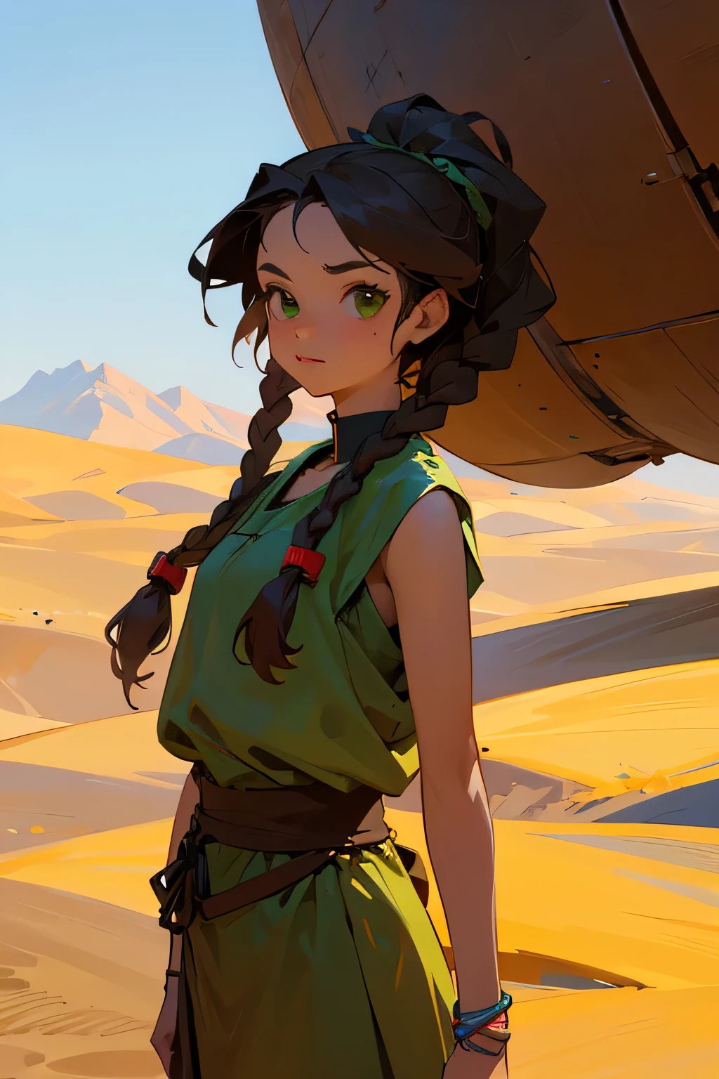 Young woman with dark brown braids and green eyes on a desert background.