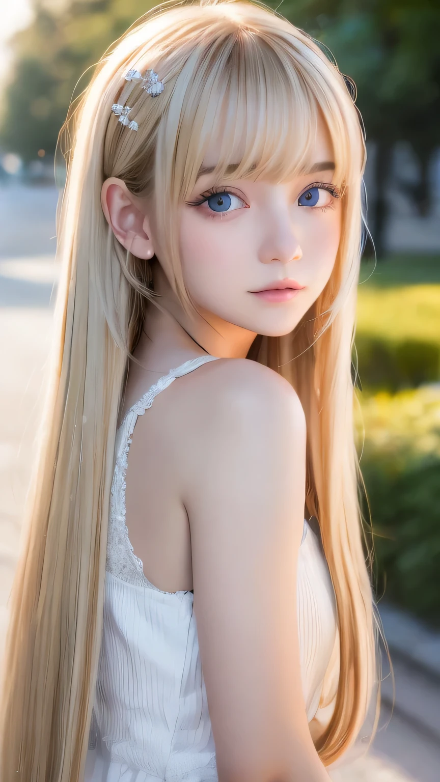 shiny transparent white skin、Windy hair gets in the way of her pretty face、Colossal、Cute little beautiful face of 、Beautiful super long straight blonde hair、Large, bright, light blue eyes that sparkle beautifully、long silky bangs that cover cute eyes, Sexy Face Hide Hair Super Long Hair Sexy Cute Young Woman Long Natural Blonde Shiny Shiny Hair、cheek highlights、small face beauty、