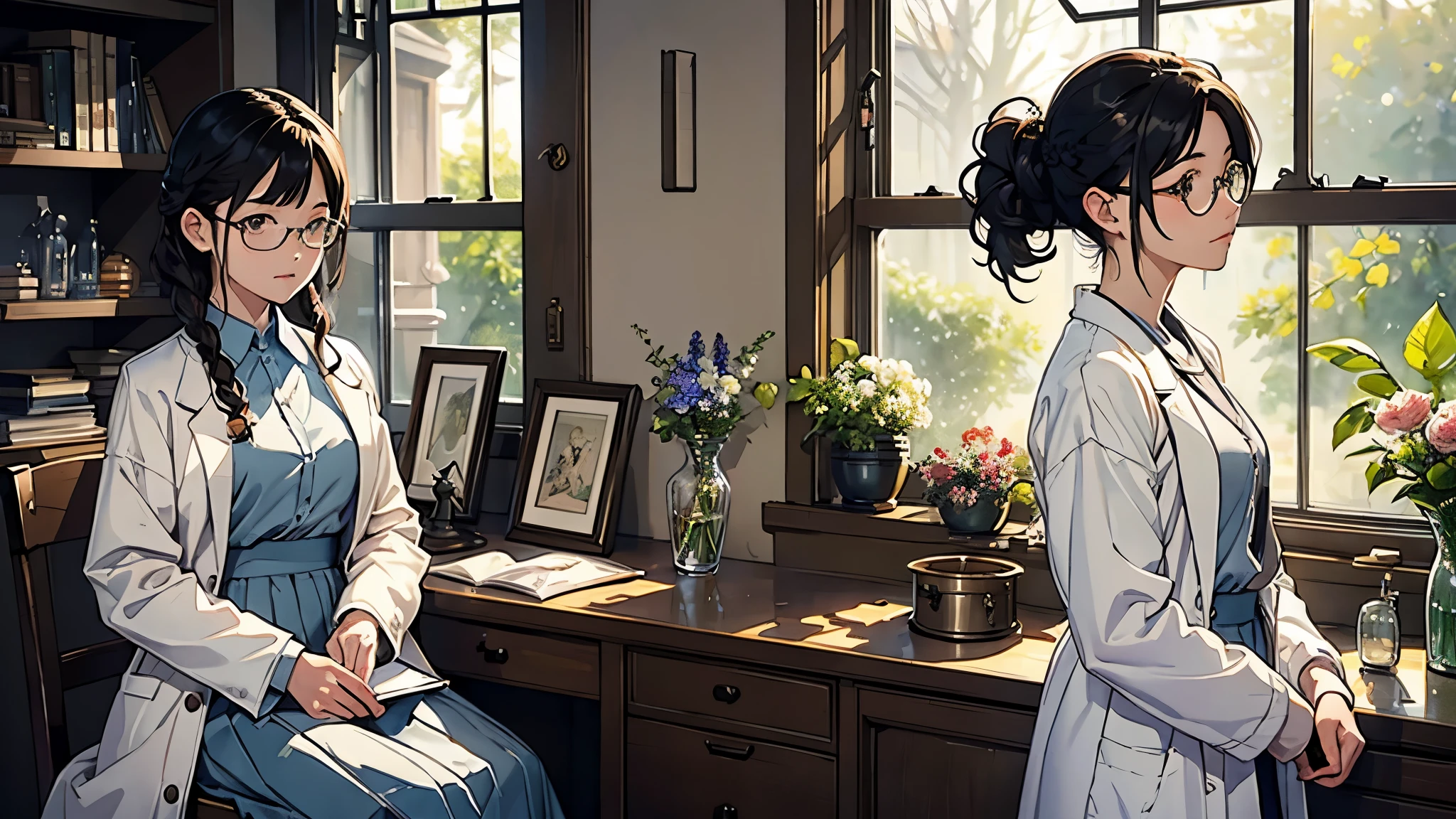 (highest quality、masterpiece、High resolution)、(Sargent-style watercolor)、(anime art)、soft light、((1 woman))、((looking at documents))、、18-year-old、medium short hair、semi-long、hair up、black hair、dark brown hair、braided hair、glasses、detailed depiction of the face、small breasts、uniform、long skirt、((wearing a white coat))、白いブラウスとlong skirt、Institute of Earth Sciences、鉱物標Book、昆虫標Book、化石標Book、標Book棚、Book、Book棚、microscope、Laboratory instrument、Test tube、beaker、flask、Alcohol lamp、Labware、Floral、vase、window、Foliage plant、 blur the background、