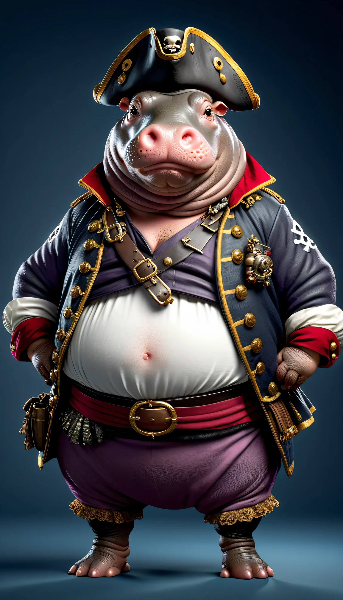 photorealistic portrait of Dressed animals - a ((fat))  hippo pirate,(hands on hips:1.2),(), high quality,(lovely) ,intricate details, highly detailed (( pirate costume)), wearing pirate cap , highly detailed pirate equipment , (happy), studio lighting,(flurry),(simple background)