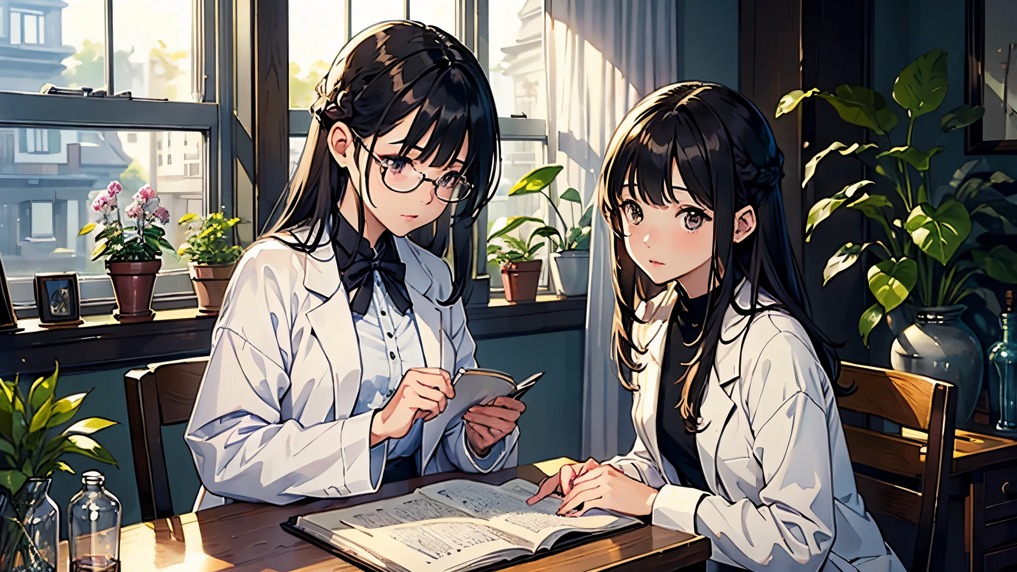 (highest quality、masterpiece、High resolution)、(Sargent-style watercolor)、(anime art)、soft light、((1 woman))、((looking at documents))、、18-year-old、medium short hair、semi-long、hair up、black hair、dark brown hair、braided hair、glasses、detailed depiction of the face、small breasts、uniform、long skirt、((wearing a white coat))、白いブラウスとlong skirt、Institute of Earth Sciences、鉱物標Book、昆虫標Book、化石標Book、標Book棚、Book、Book棚、microscope、Laboratory instrument、Test tube、beaker、flask、Alcohol lamp、Labware、Floral、vase、window、Foliage plant、 blur the background、