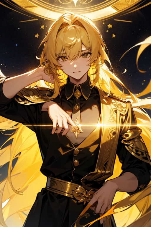 Create a man with unique characteristics, inspired by the sign of Leo and the cosmological stars An artistic representation of the essence of this sign, with striking features and a mysterious aura, Highlight golden strokes of gold and golden highlights, yellowish hair like gold and a confident smile Make clear the pride of the sign of Leo in its essence with a long and voluminous hair as a representation of the mane