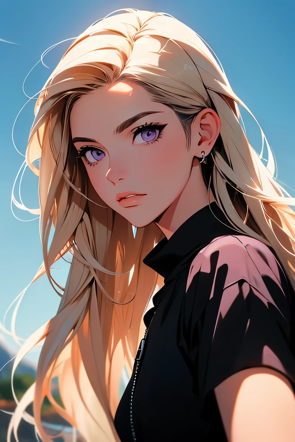 2d illustration, anime, a painting portrait in fine arts, in manhwa style, Bishamon from noragami, 1girl, blond long hair, big hair, purple eyes, makeup, (m1n1jello:0.6), corte superior, moletom, muscular, quadris largos, Seios grandes, coxas grossas, standing, olhando para o espectador, sentado, no jardim, magro, delgado, olhando para o espectador, (obra de arte), (Melhor qualidade:1.2), absurdos, detalhes intrincados, (pele altamente detalhada:1.2),, Fotorrealista, Mulheres bonitas, Melhor qualidade, (obra de arte:1.3), boca fechada, olhando para o espectador,(rosto altamente detalhado:1.rosto perfeito, fleshy lips, Base Negativa 2.0,,joia