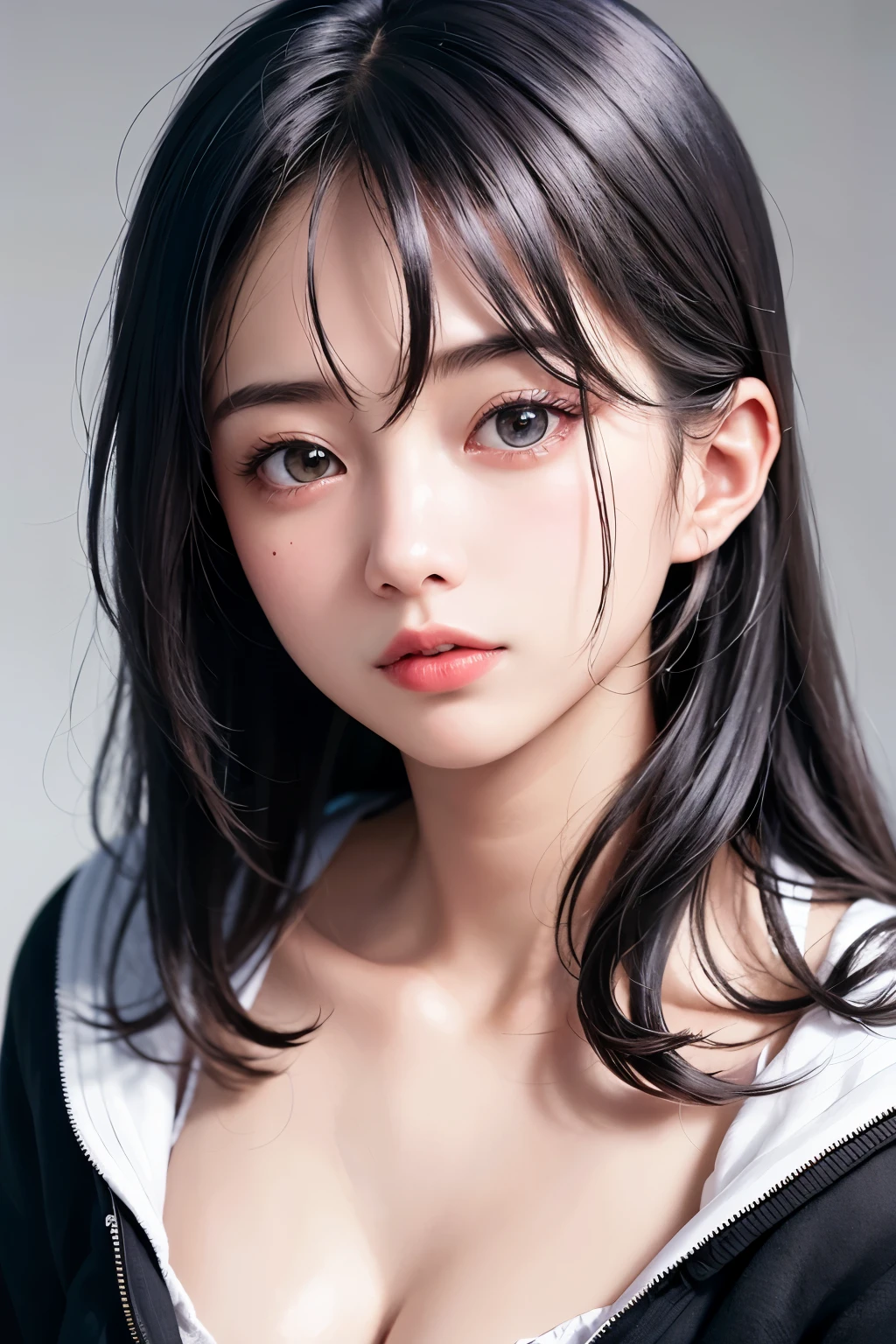 (1 nogizaka girl,raw photo,photo realistic:1.5),(best quality, high quality,HDR, highest quality,ultra high resolution,high resolution,high res,ultra high difinition,huge file size,8K,2K wallpaper,8K wallpaper,high quality texture,amazing,an extremely delicate:1.4),one girl, Japanese famous idol,beautiful face,small face,absurd,ridiculous,incredibly ridiculous,portrait,breasts close up,blurry background,(hoodie,no makeup:1.2),medium skin,beautiful skin,detailed skin,small head,black hair,silky hair,(Japanese eyes:1.3),detailed eyes,black eyes,Japanese idol eyes,Japanese nose,5-fingers,(eyebrow:-0.5),(Light Particles, Lens Flare, Luminous Particles: 0.7),looking at viewer,bright lighting,professional lighting,girl