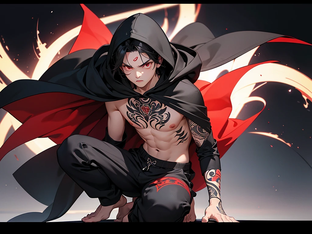Boy, red eyes, black hair, tribal tattoo on arms, shirtless, loose pants, barefoot, serious face, full body, night background, black cape and hood
