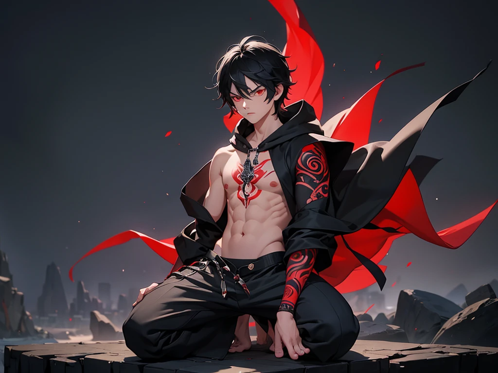 Asian vampire boy with red eyes and black hair, body with tattoos