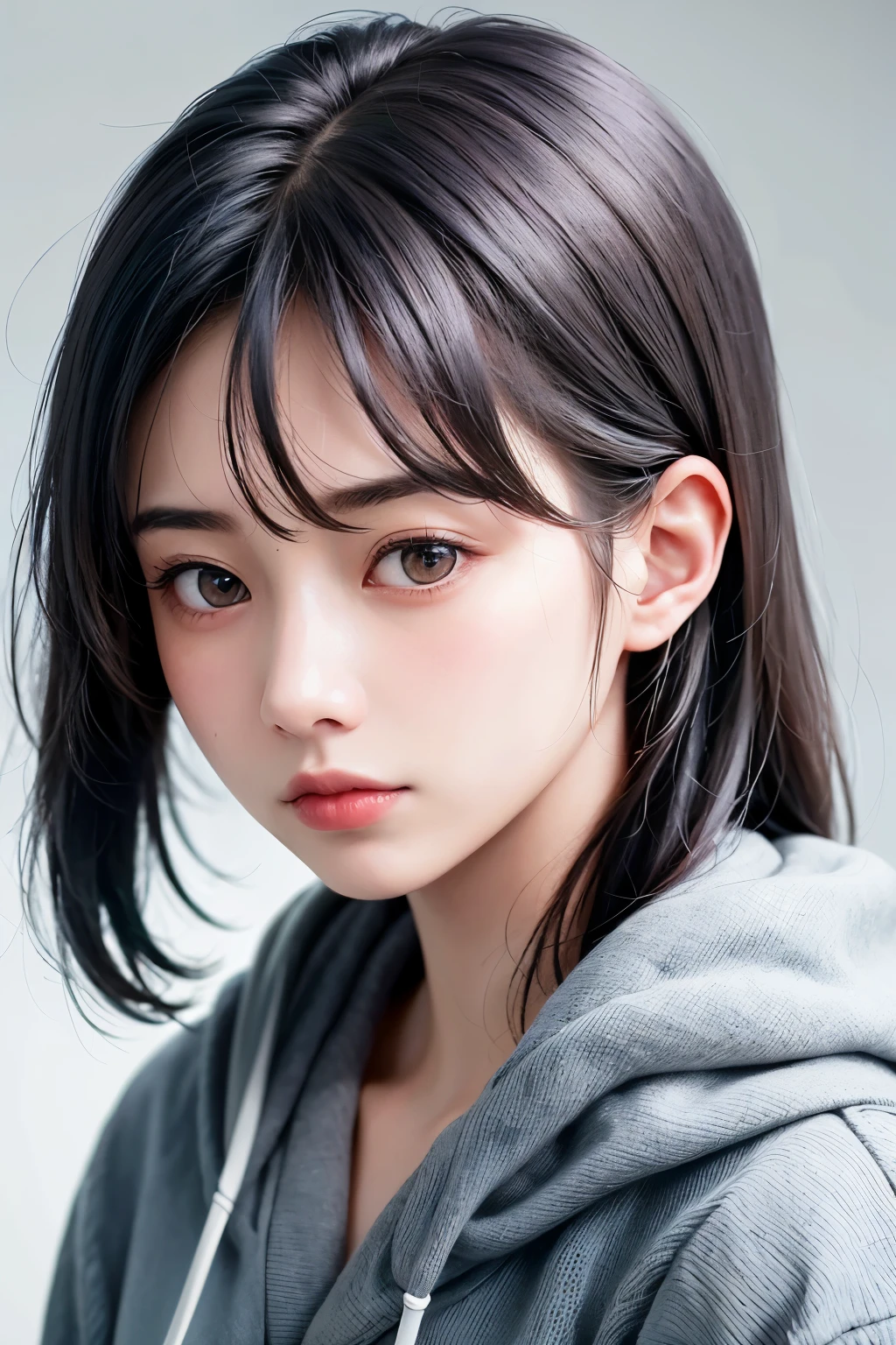 (1 nogizaka girl,raw photo,photo realistic:1.5),(best quality, high quality,HDR, highest quality,ultra high resolution,high resolution,high res,ultra high difinition,huge file size,8K,2K wallpaper,8K wallpaper,high quality texture,amazing,an extremely delicate:1.4),one girl, Japanese famous idol,beautiful face,small face,absurd,ridiculous,incredibly ridiculous,portrait,breasts close up,blurry background,(hoodie,no makeup:1.2),medium skin,beautiful skin,detailed skin,small head,black hair,silky hair,(Japanese eyes:1.3),detailed eyes,black eyes,Japanese idol eyes,Japanese nose,5-fingers,(eyebrow:-0.5),(Light Particles, Lens Flare, Luminous Particles: 0.7),looking at viewer,bright lighting,professional lighting,girl