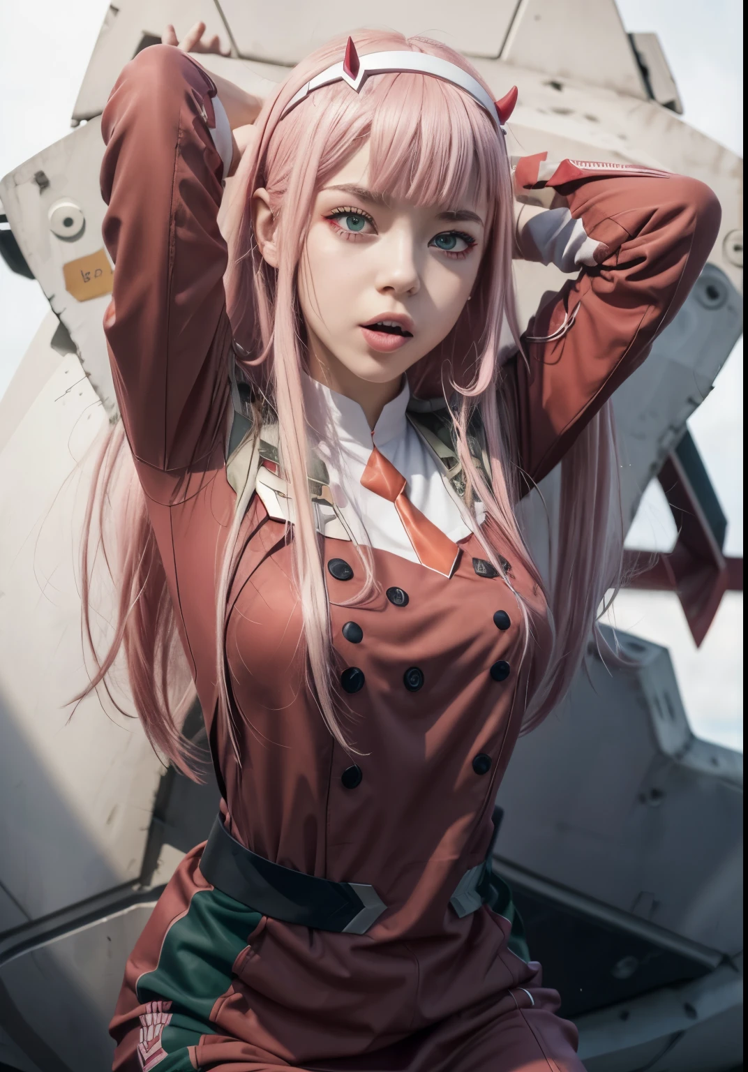 zero two \(darling in the franxx\), 1girl, horns, pink hair, solo, long hair, hairband, white hairband, uniform, candy, military, military uniform, green eyes, looking at viewer, food, aqua eyes, red dress, lollipop, eyebrows visible through hair, pilot suit, tongue, medium breasts, dress, tongue out, breasts