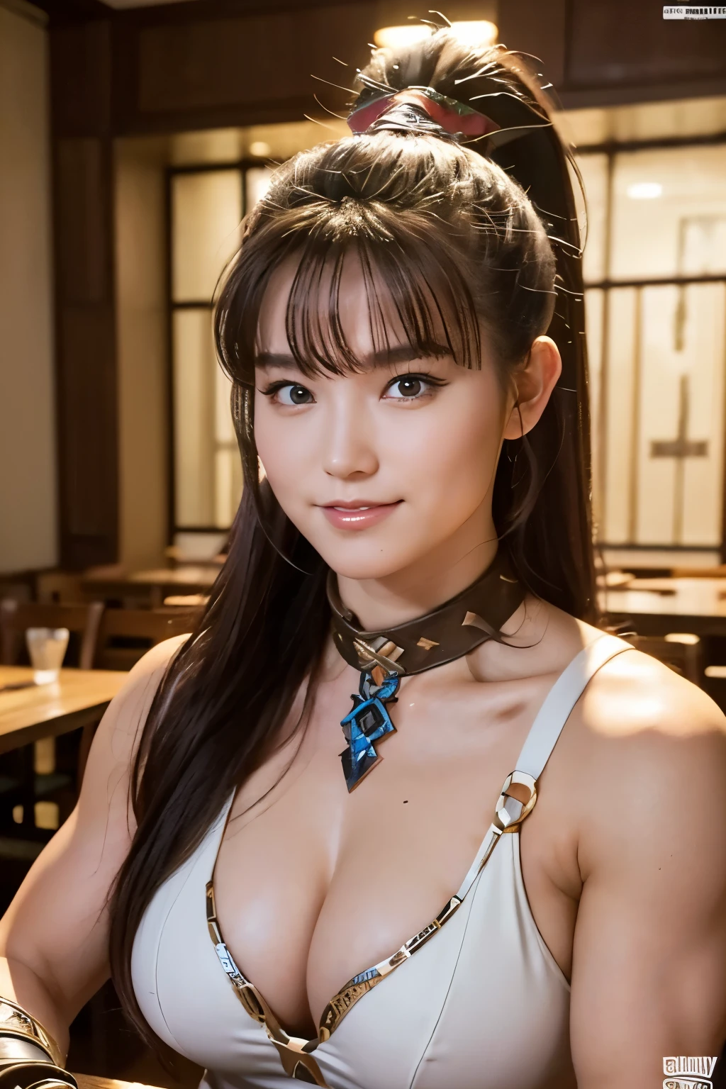 (highest quality:1.2),masterpiece,Ultra-high resolution photos,(perfect beautiful face 1.2),(Perfect and beautiful posture:1.2),(female barbarian:1.2),ponytail,clear eyes, Dining at a fantasy bar,smile, (Thick muscular body:1.2)