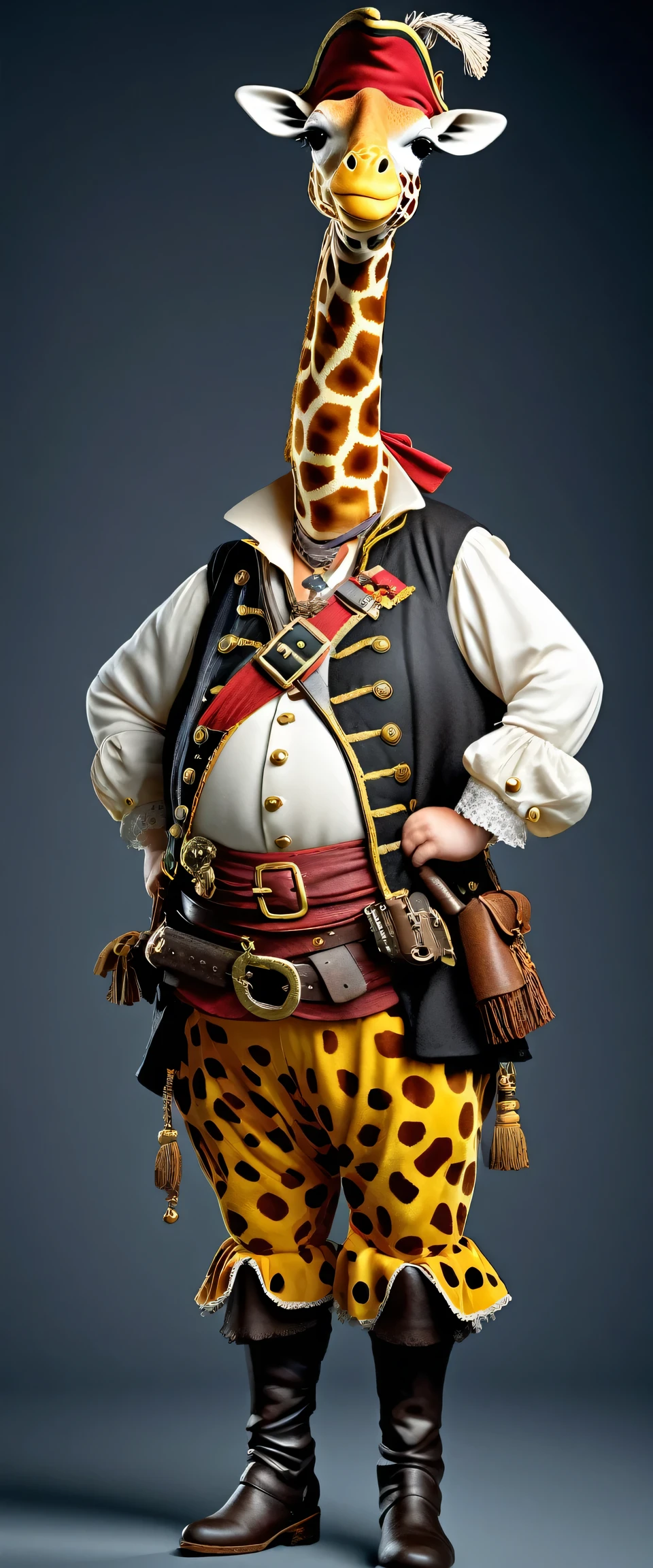 photorealistic portrait of Dressed animals - a ((fat)) giraffe pirate,(hands on hips:1.2),(), high quality,(lovely) ,intricate details, highly detailed (( pirate costume)), wearing pirate hat and boots , highly detailed pirate equipment , (happy), studio lighting,(flurry),(simple background)