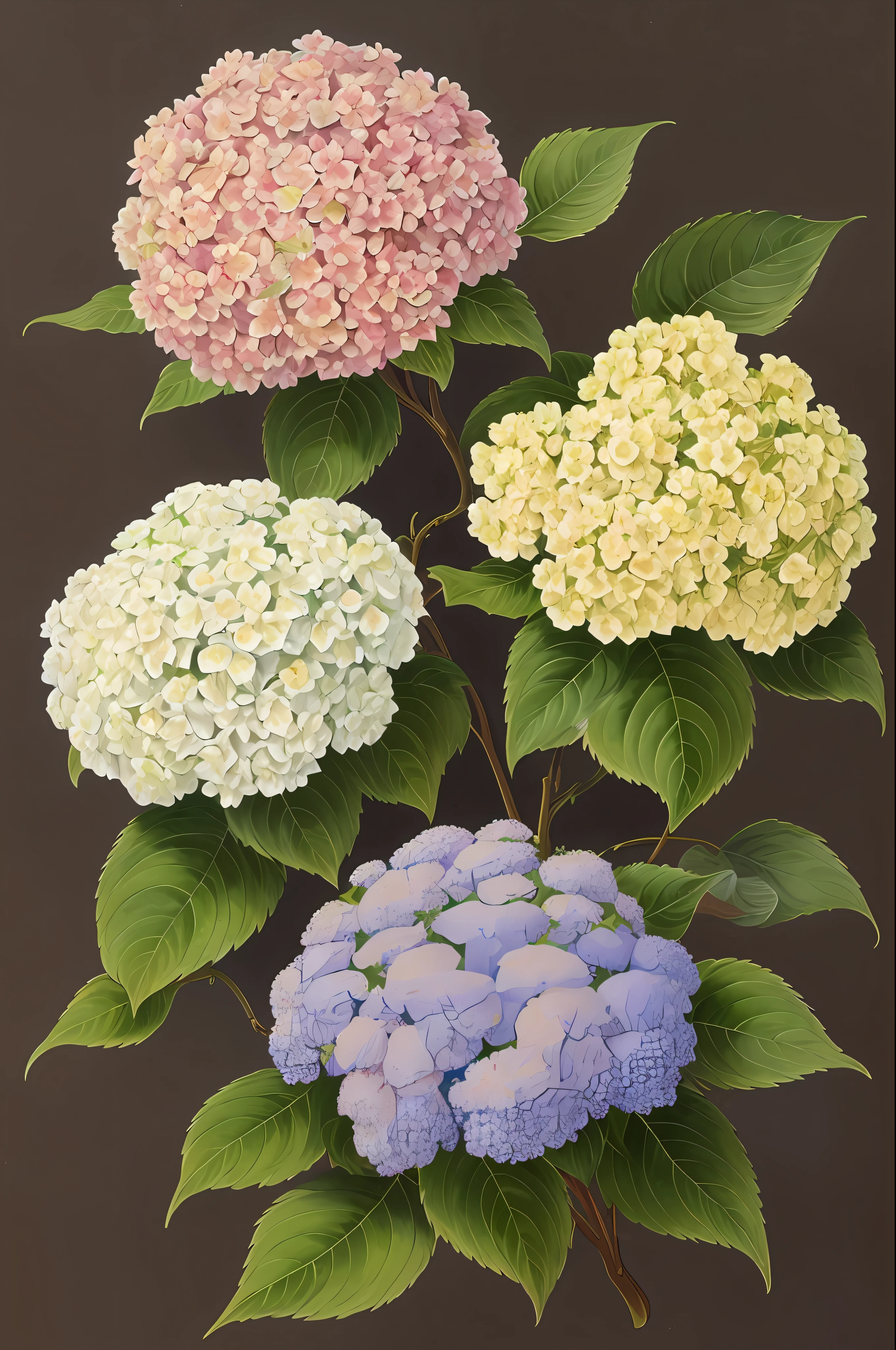 (best quality: 1.2), (detail: 1.2), (masterpiece: 1.2), John Edwards (John Edwards) High resolution vintage botanical illustration, Depicting Hydrangeas of Provence (1770 1775)