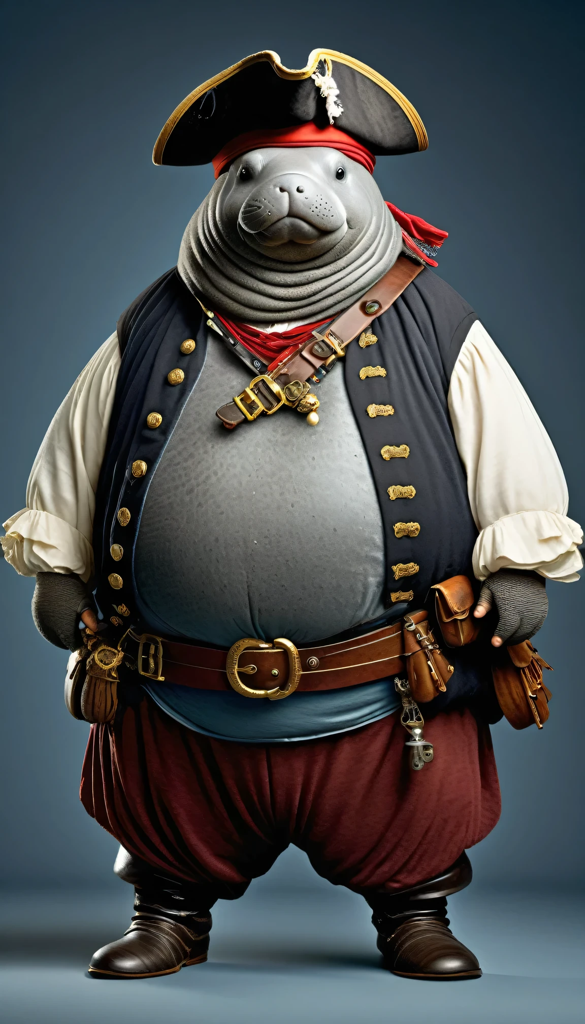 photorealistic portrait of Dressed animals - a ((fat)) manatee pirate,(hands on hips:1.2),(), high quality,(lovely) ,intricate details, highly detailed (( pirate costume)), wearing pirate hat and boots , highly detailed pirate equipment , (happy), studio lighting,(flurry),(simple background)