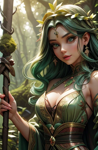 A Poderoso, Ethereal woman, sensual, cercado por um antigo, enchanted floresta. She wears flowing green and brown sensual clothing, adornado com folhas e vinhas. Your eyes are piercing and green like emeralds, e ela longa, cabelos escuros fluem de forma sensual ao vento. She holds a twisted stick, covered in moss and lichen. The floresta around her is alive and vibrant, with imposing trees, samambaias exuberantes e flores silvestres coloridas. The atmosphere is peaceful and serene, sensual, with sun rays filtering through the treetops, Fantastic sensual Reality, sensual Guardian, floresta, Natureza, Magia, sensual ethereal sensual, Poderoso, sereno --auto --style 2.Imagine 5D -