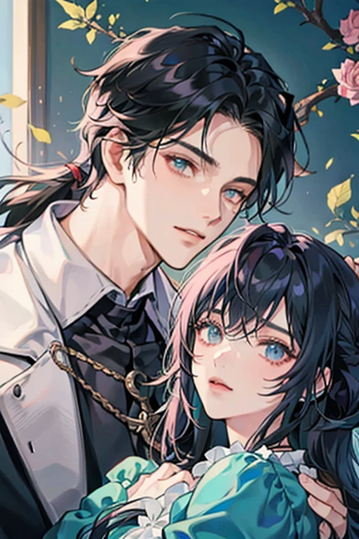 casal de anime, 1 Macho and 1 feMacho, se beijando, adulto, adulto face, humano, (Macho: cabelo preto com franja), (feMacho: cabelo branco), (Macho: olhos vermelhos), (feMacho: olhos rosa rosa), (feMacho: seios pequenos), (feMacho: shy), Fantasia, tempos medievais
