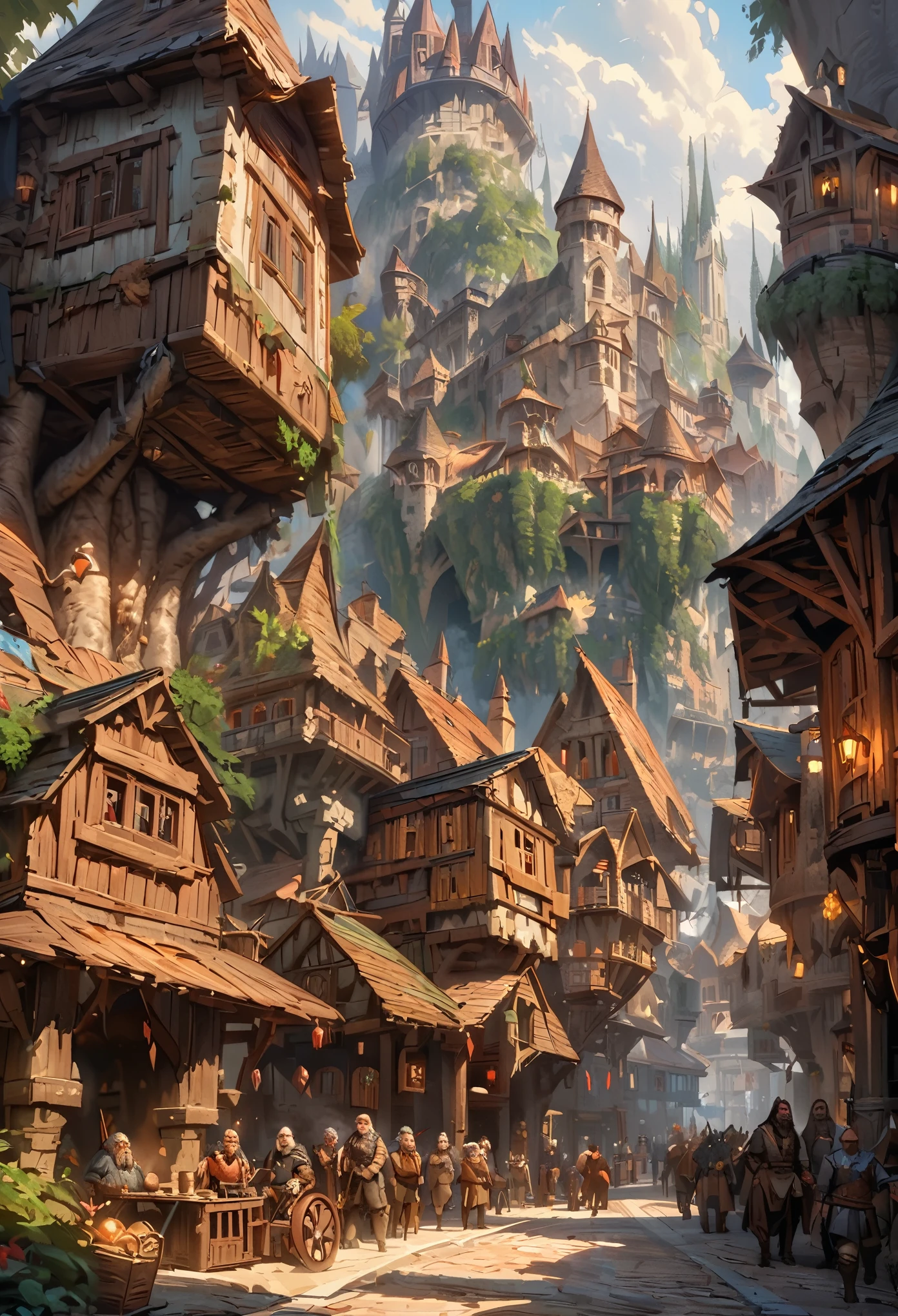 Large city scenes
Medieval western city with many tree houses among human houses, a huge tree with a palace in the middle of the city, steam cars running on the road, many magic scenes in the city with different races like dwarves, orcs, goblins, etc., the best quality, beautiful graphics, extreme details, masterpiece, cinematographic light, master class, impasto