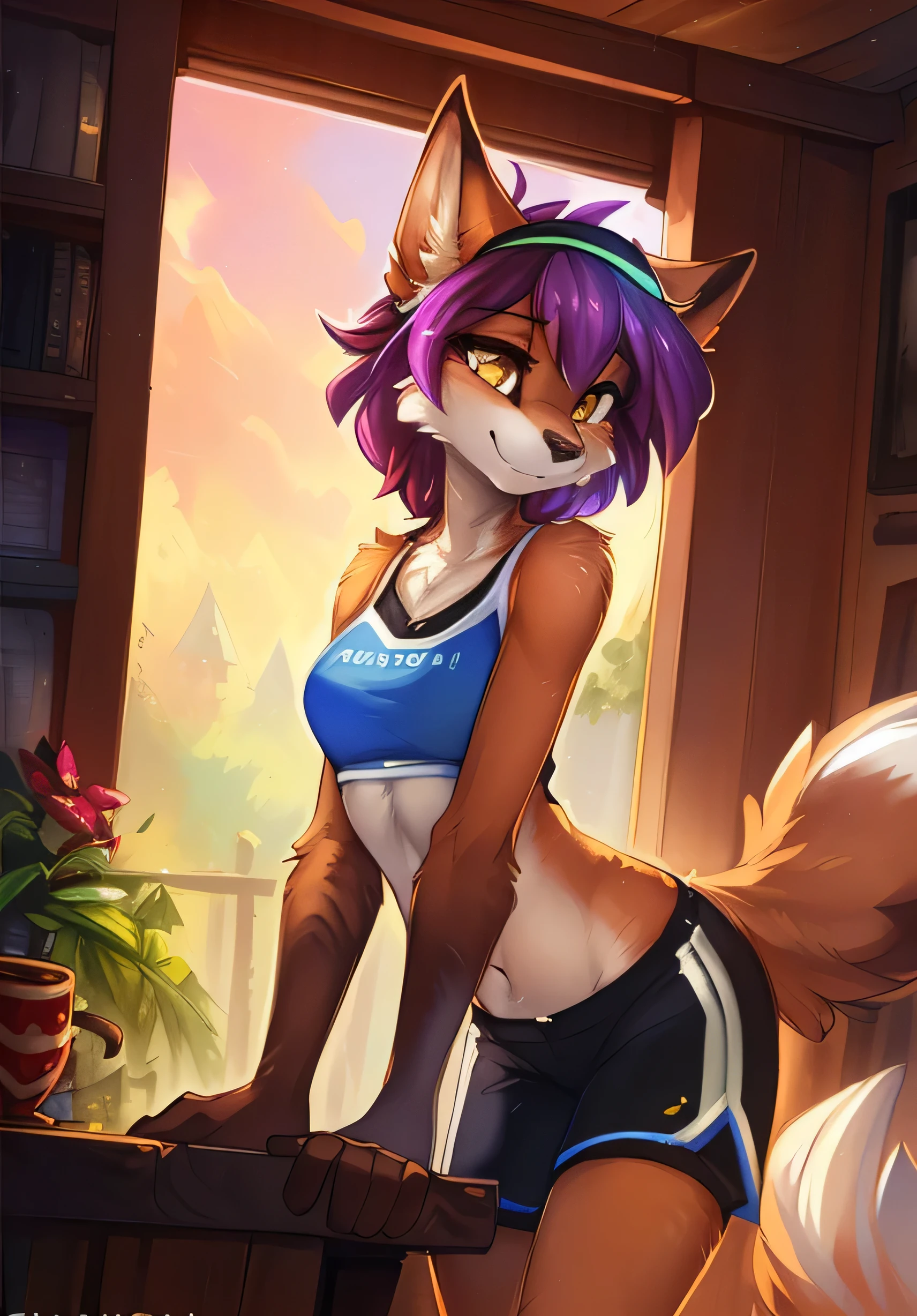 Upload on e621, beautiful and detailed portrait of a (((women's))) female anthro fox, Upgraded to e621., ((by kenket, Ross Tran, Ruan Chia, Sauce, foxovh, by Zackary911, by Hyatt Lane, The place to run, By Fumiko, by Pixelsketcher, By Bayard Wu, By Thomas Benjamin Kennington, By Einshelm, By Gilinah, By Coffee Soda, By Hioshiru, By Pui-Kevlar, Goodbye r-mk, by Dimwitdog)), Cinematic lighting, (((confident, charming))), with, fox, thigh, medium sized breast, full body, sunset, beautiful, messy hair, short hair, suggestive positioning, stand, purple hair, withue body, withue fur, yellow eyes, 1 girl, alone, withue sportwear, withue headband, yellow eyes, lustful face, alone, 1 girl, Slim shape, half closed, bent over, bottom