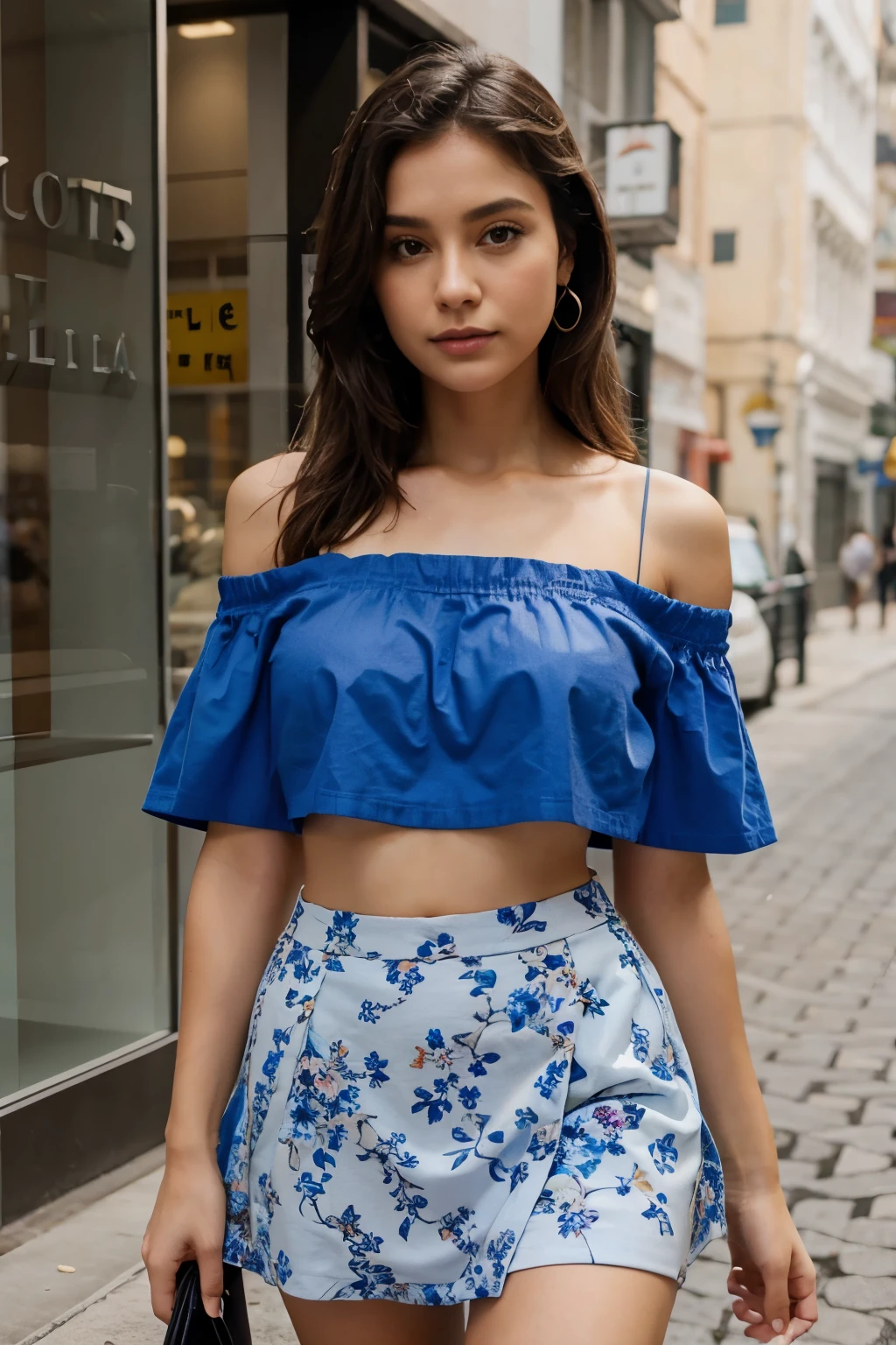 Blue colour Off-the-shoulder crop top with a floral mini skirt