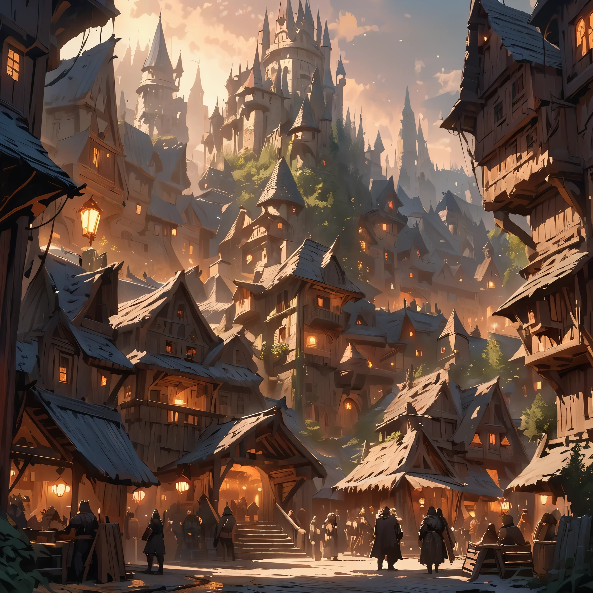 Large city scene at night, side view shot
Medieval western city, many tree houses among human houses, a huge tree with houses in the middle of the city, not too bright lights, many magic scenes in the city with different races such as dwarves, orcs, goblins, etc., best quality, beautiful images, extreme details, masterpiece, cinematographic light, master class, impasto
