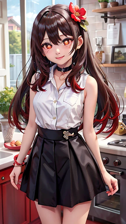 best quality, ultra high res, 1girl, sleeveless white button shirt, black skirt, black choker, cute, (aegyo sal:1), ( rambut coklat merah panjang:1), ((puffy eyes)), look at me, full body, smile at me, red eyes, flower pupils, sweet, beautiful, cute, caring, shy, love me with all her heart, Ultra HD, Senyum menghadap ku dengan lembut