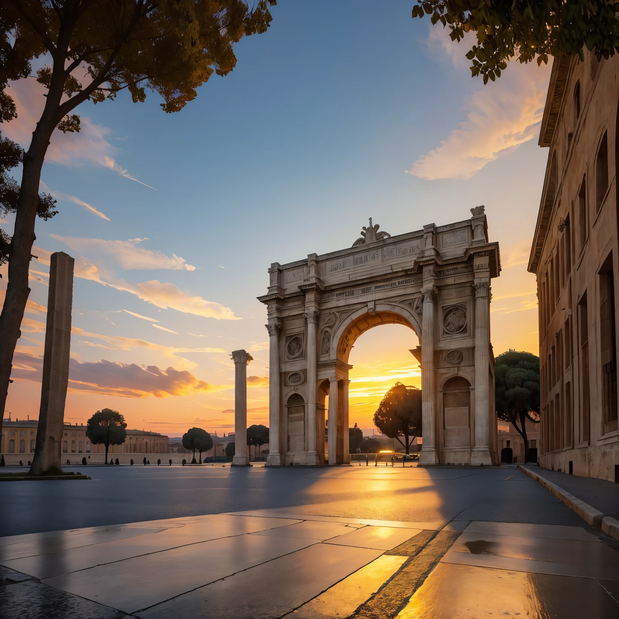 arch of constantine, concrete floor, trees around, a roman coliseum in the background, roman architecture, sunset, with the sunset light giving golden illumination to the place,HDR, ultra resolution, well defined, masterpiece, 8K HD.
